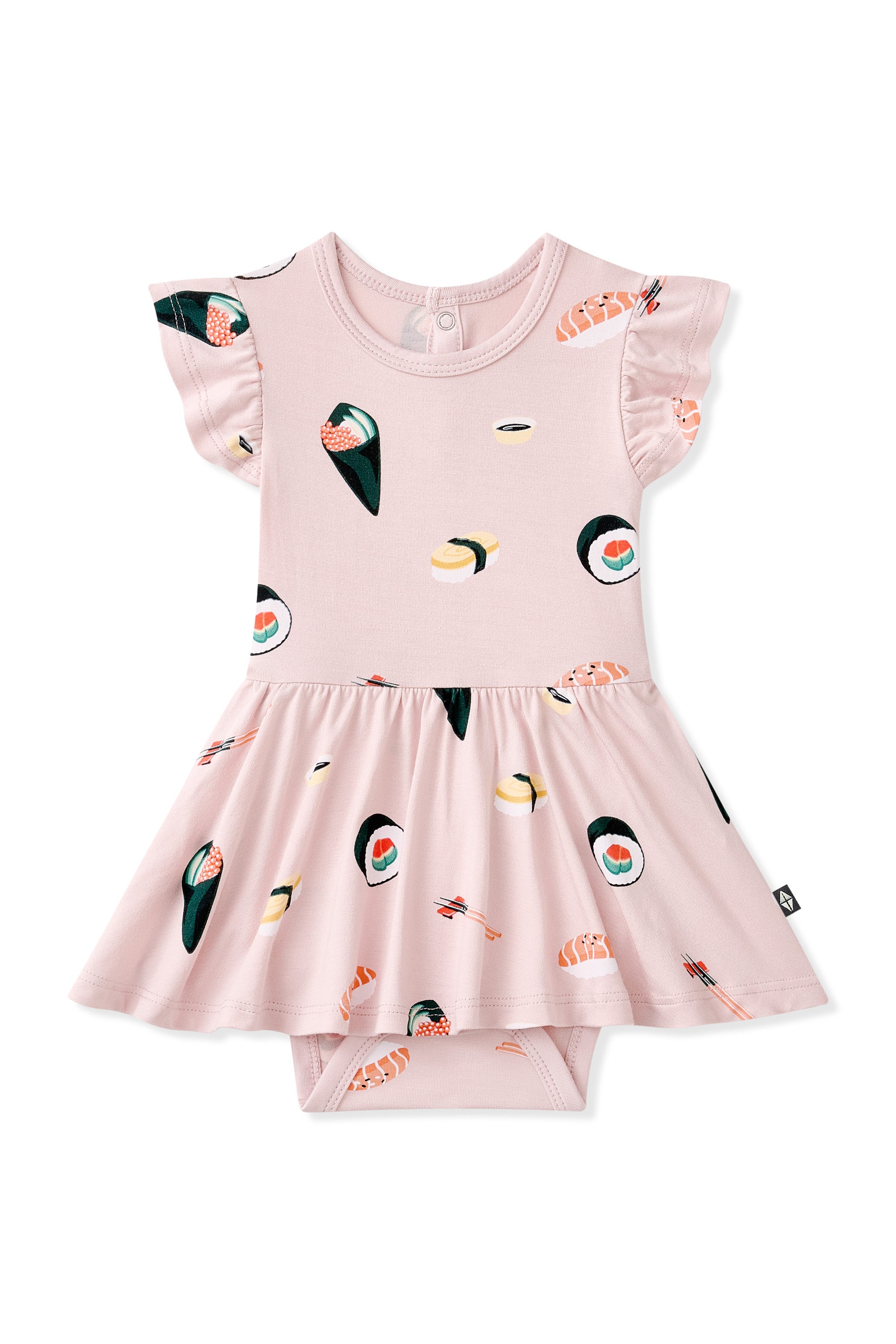 Pink Twirl Bodysuit Dress with Sushi pattern on a white background
