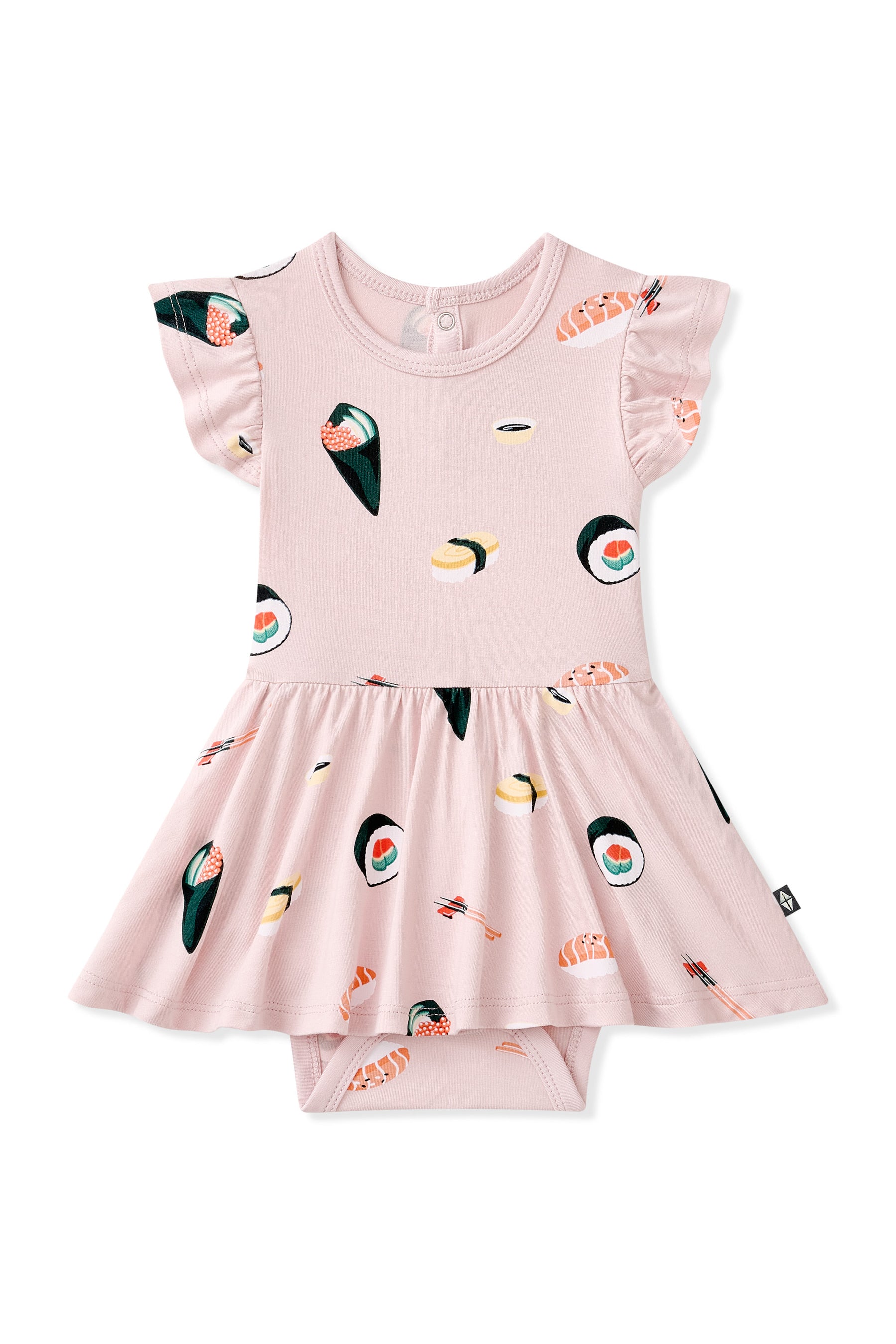 Pink Twirl Bodysuit Dress with Sushi pattern on a white background