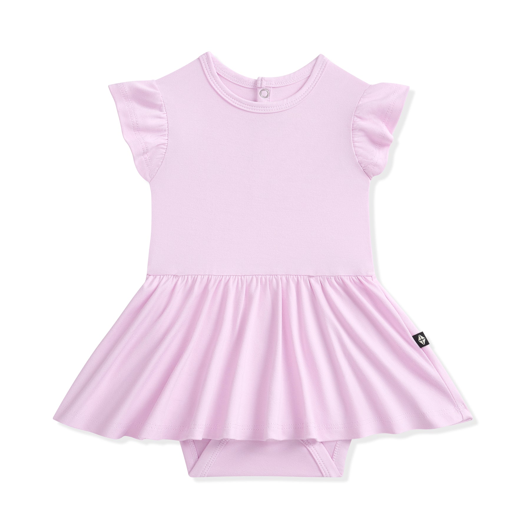 Light purple bodysuit dress with ruffled sleeves on a white background