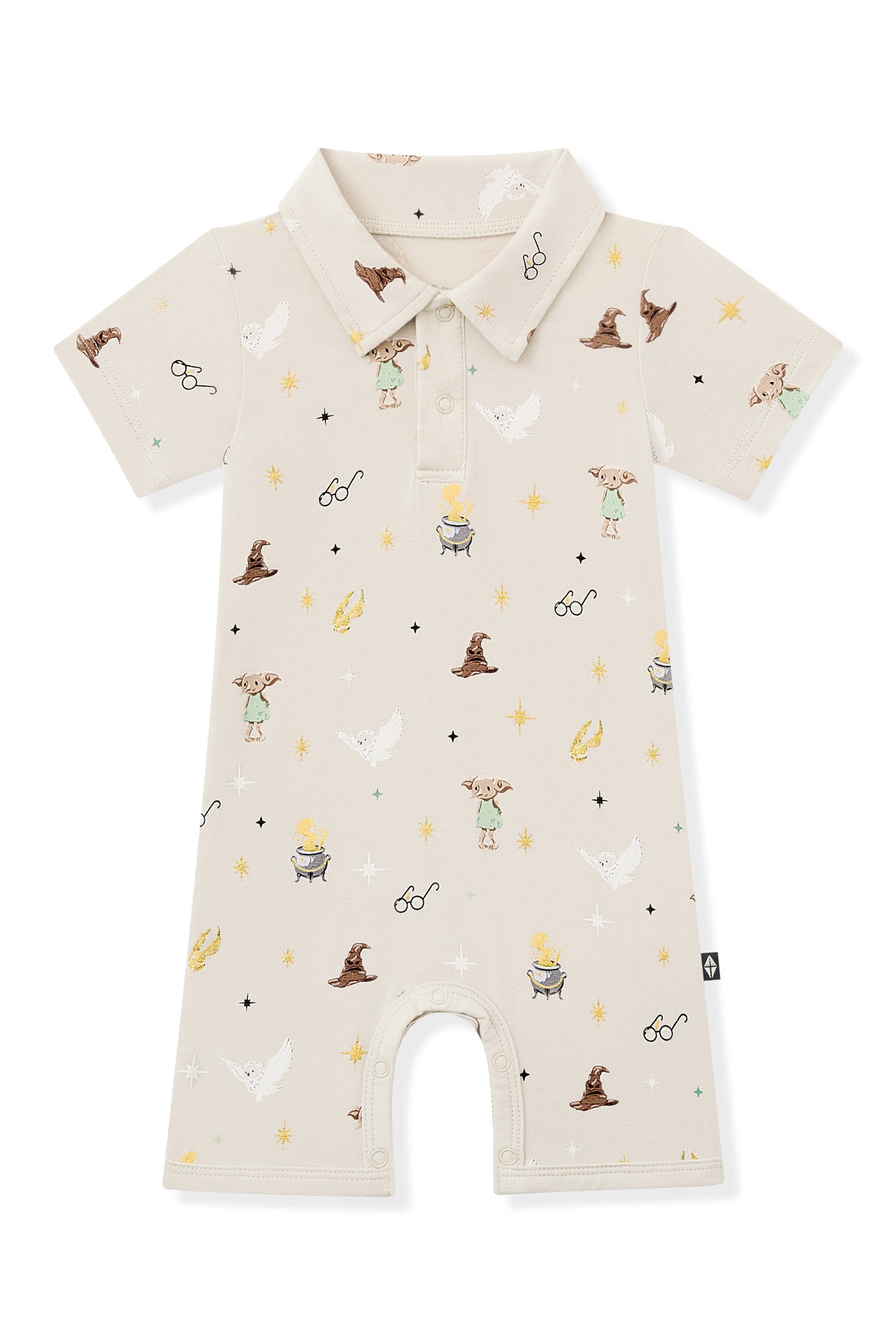 Beige Polo shortall with Harry Potter pattern print on a white background