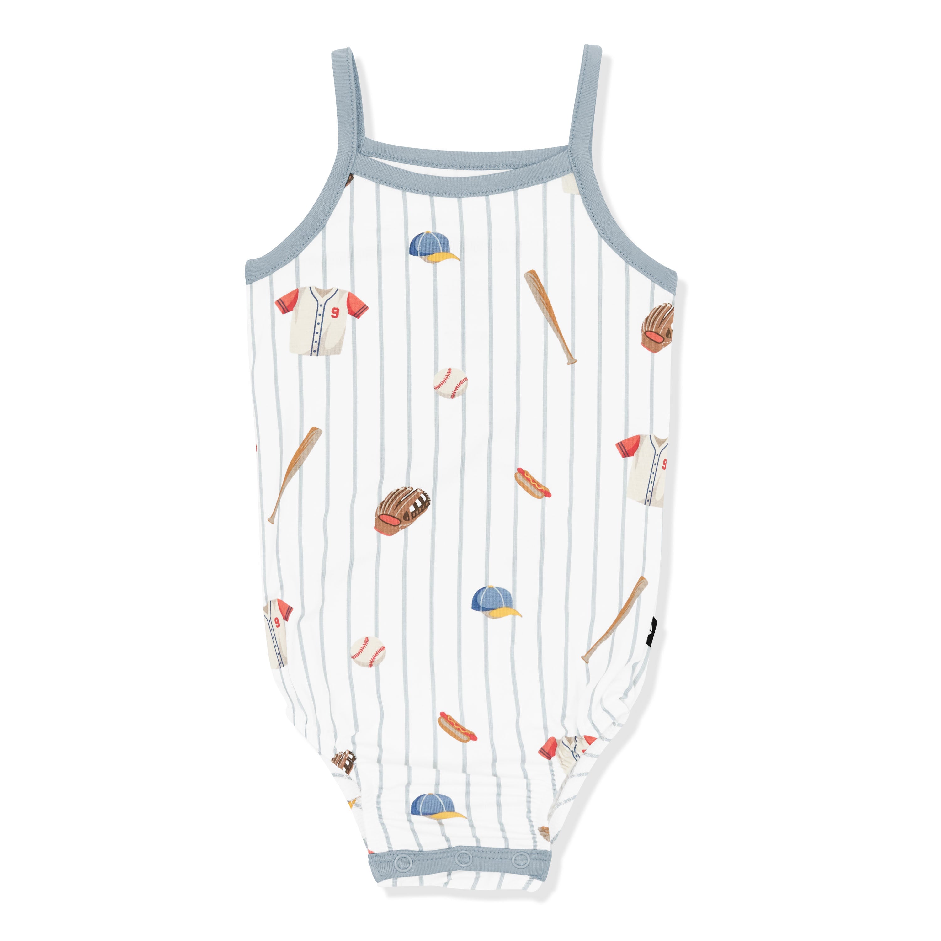 Spaghetti Strap Leotard in Home Run with muted blue trim on a white background