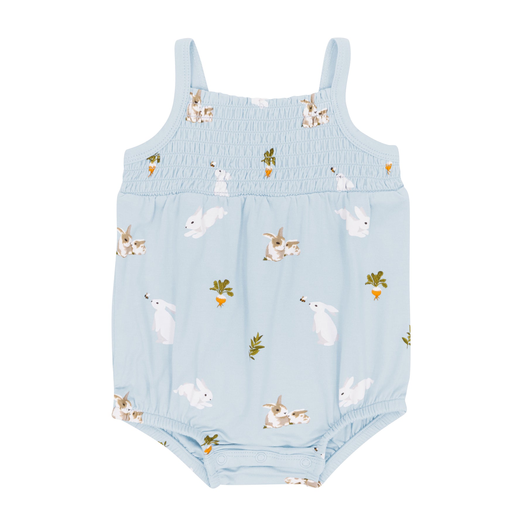 Smocked Bubble Romper in Ice Rabbit