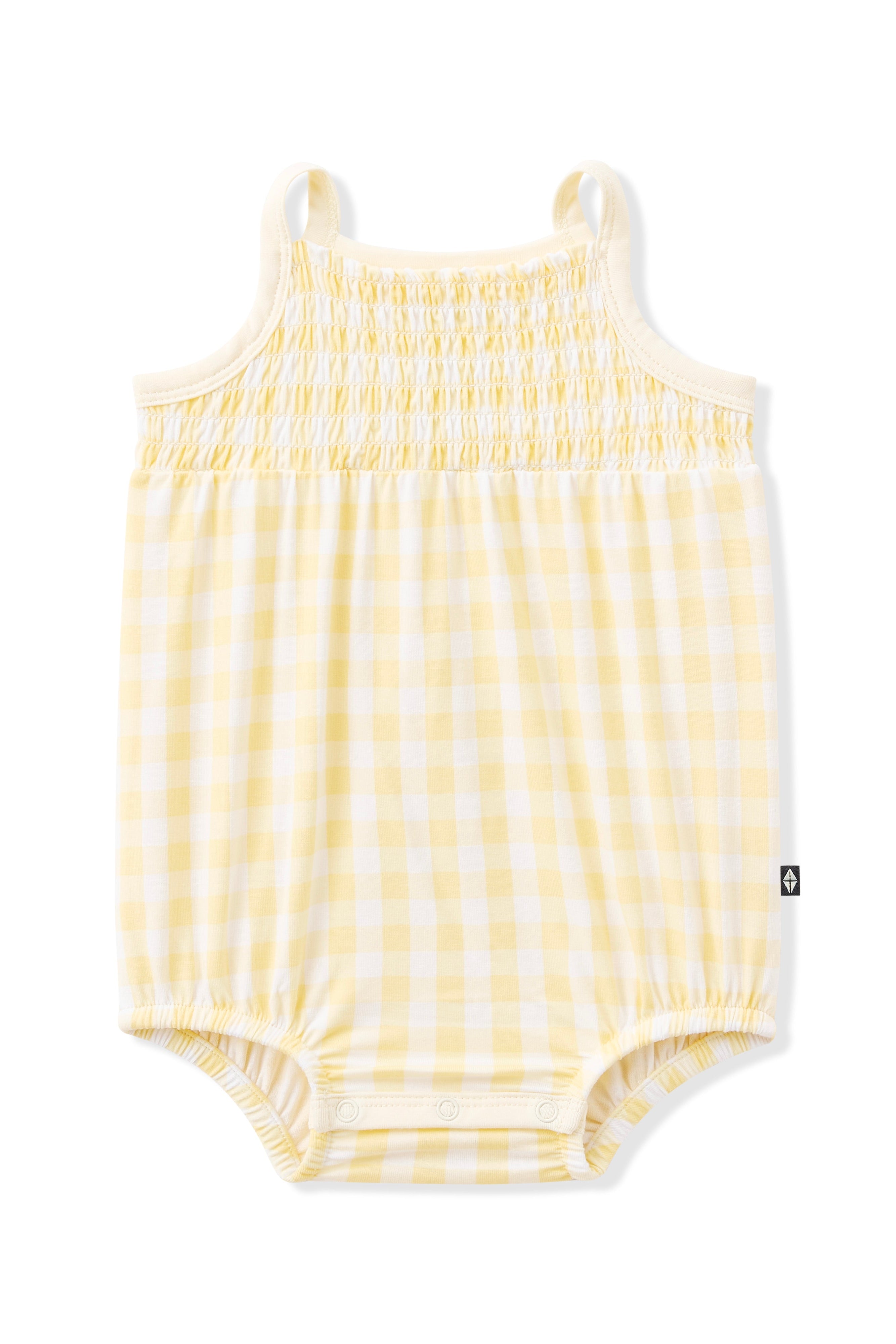 Product photo of the Smocked Bubble Romper in Gingham Chamomile
