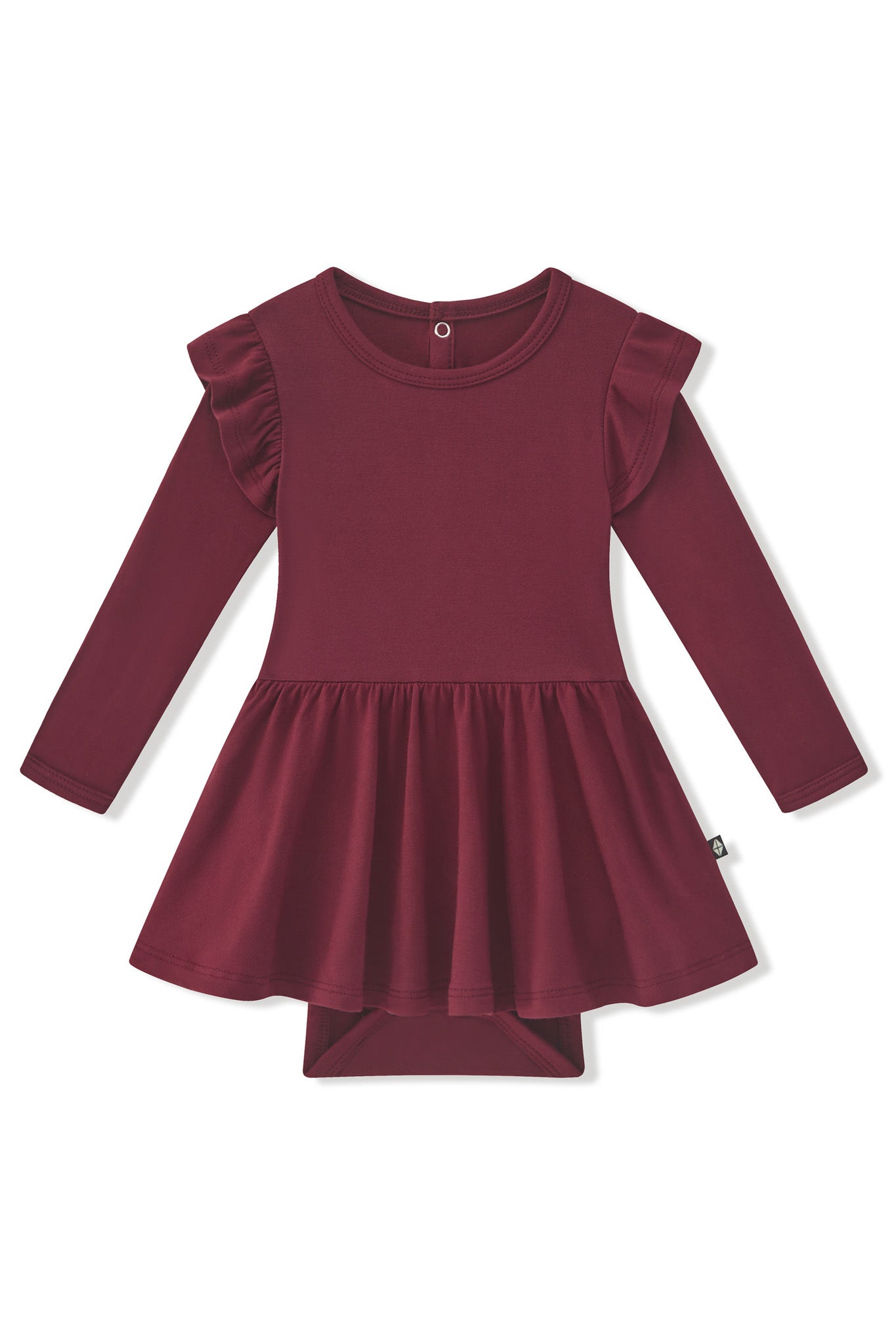 Long Sleeve Twirl Bodysuit Dress in Burgundy color on a white background