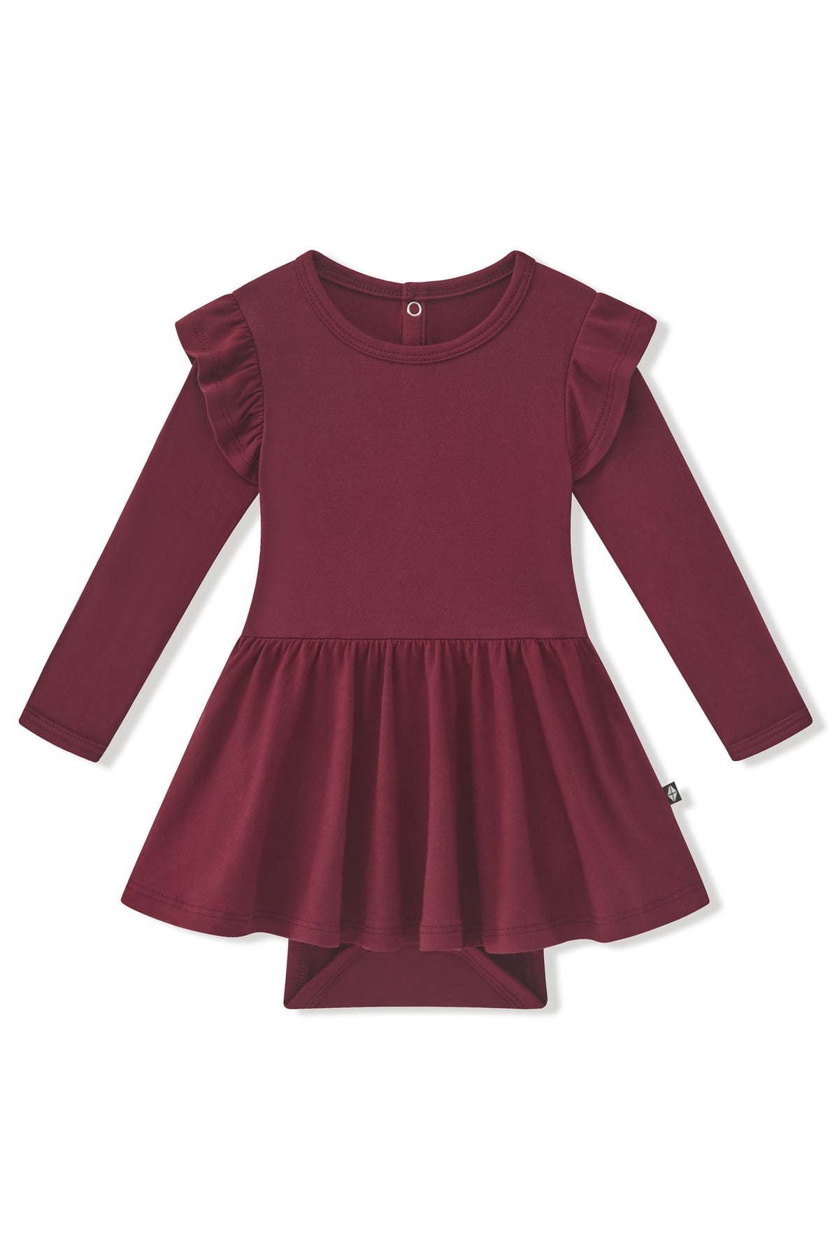 Long Sleeve Twirl Bodysuit Dress in Burgundy on a white background