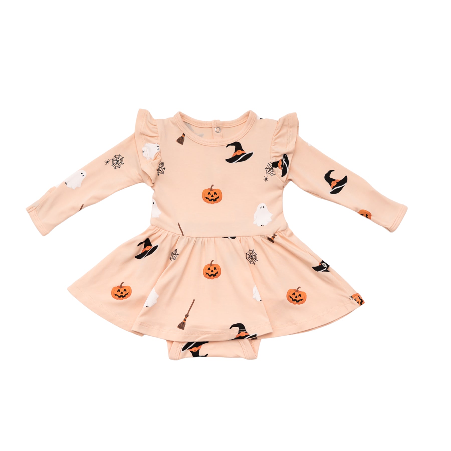 Halloween-themed Kyte Babty twirl bodysuit dress with pumpkins, ghosts, and witches' hats on a peach background.