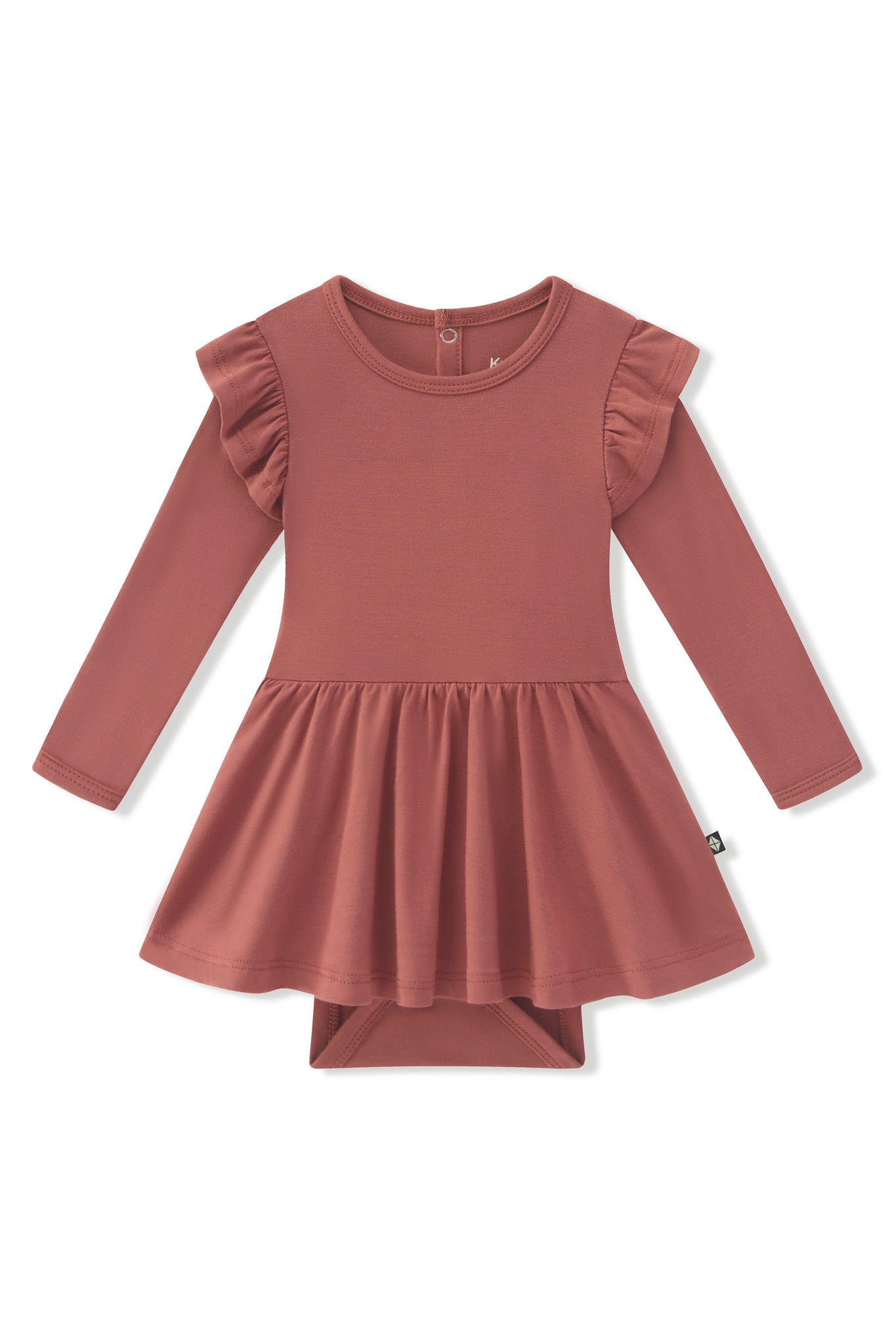 Long Sleeve Twirl Bodysuit Dress in Ember on a white background