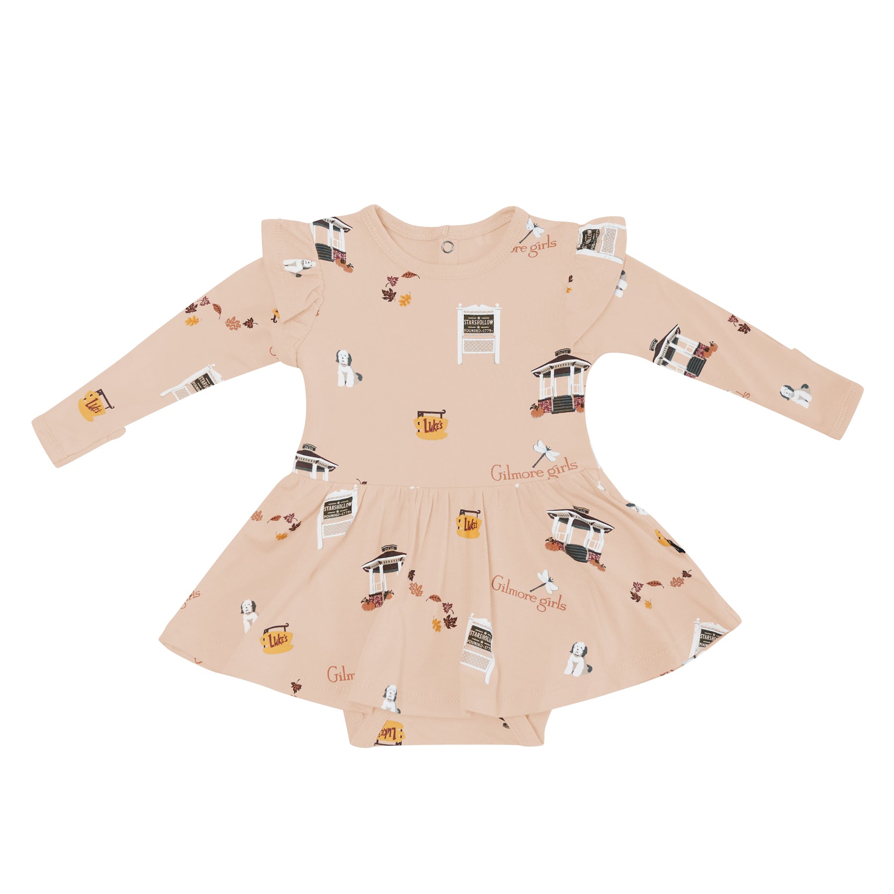 Children's dress with Gilmore Girls pattern on a beige background