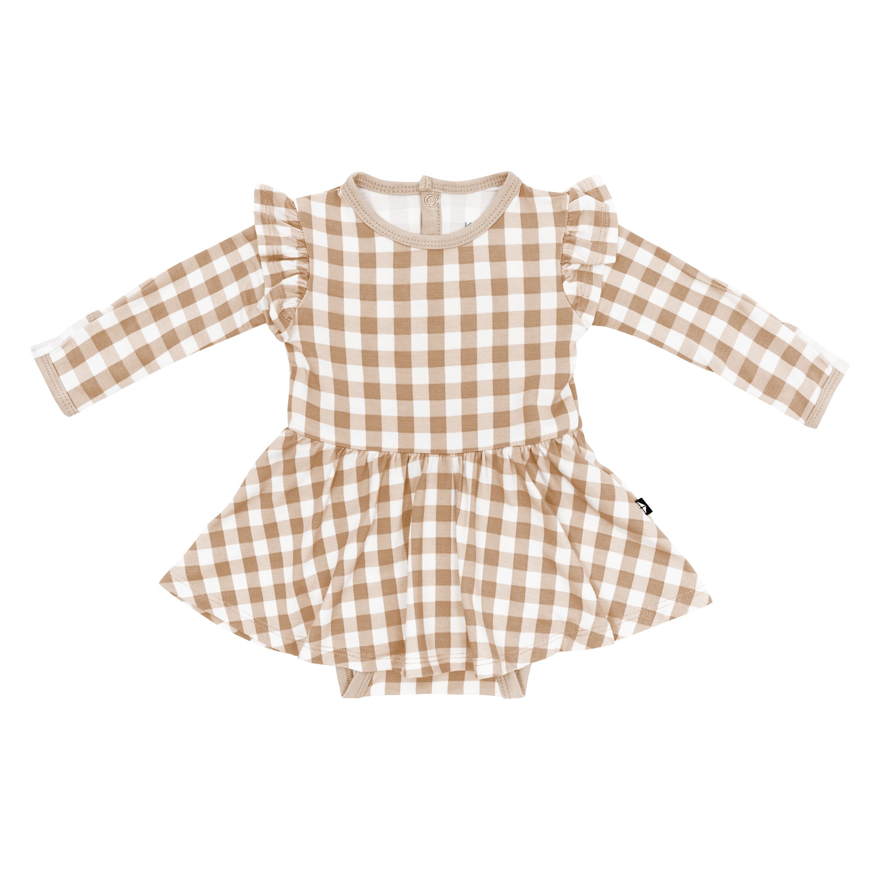 Product photo of the Long Sleeve Twirl Bodysuit Dress in Gingham Bisque