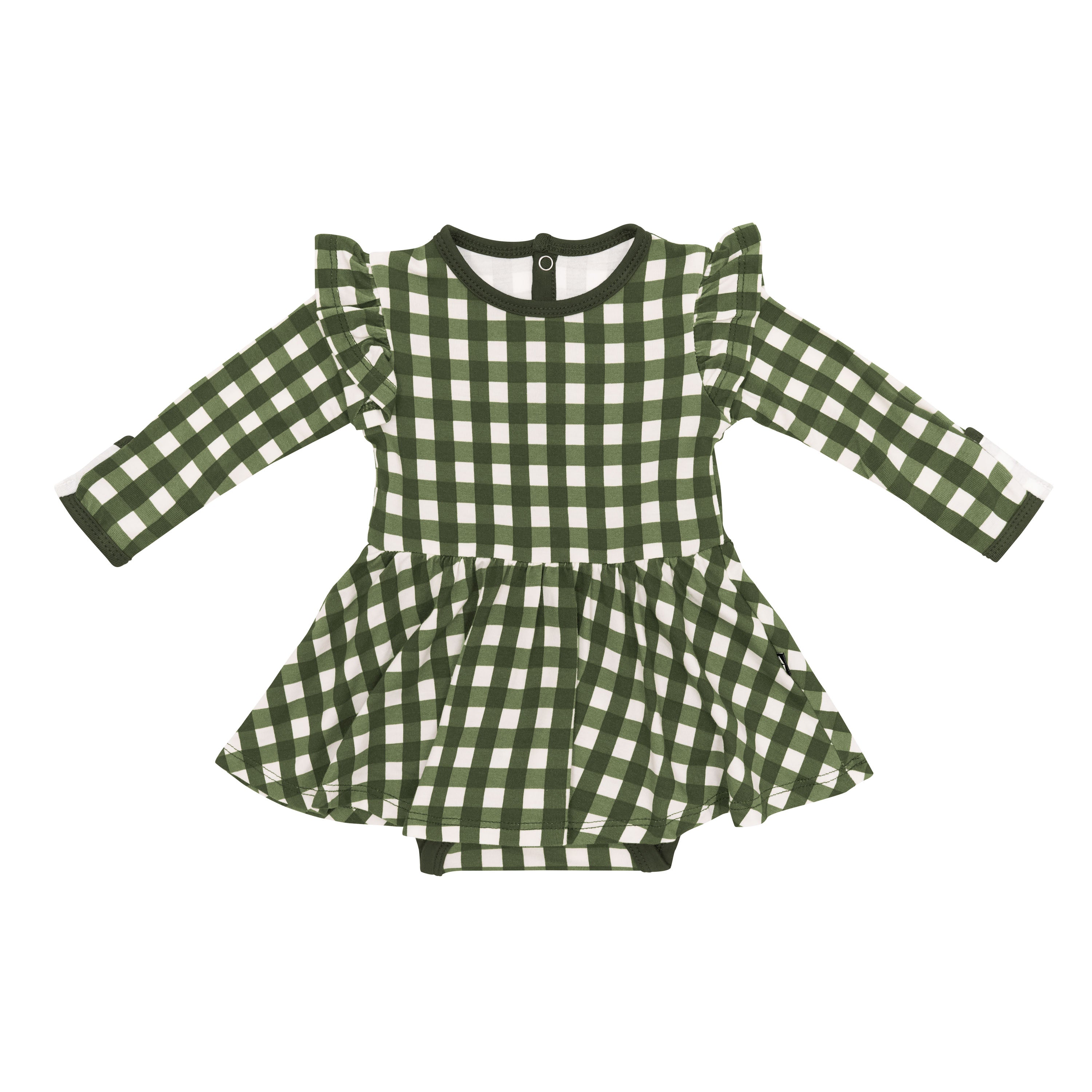 Product photo of the Long Sleeve Twirl Bodysuit Dress in Gingham Fir
