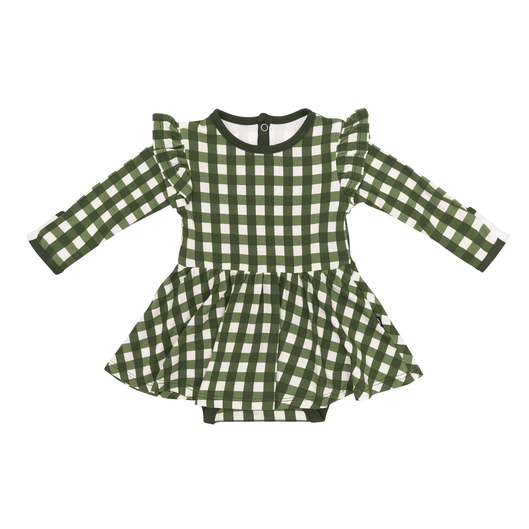 Product photo of the Long Sleeve Twirl Bodysuit Dress in Gingham Fir