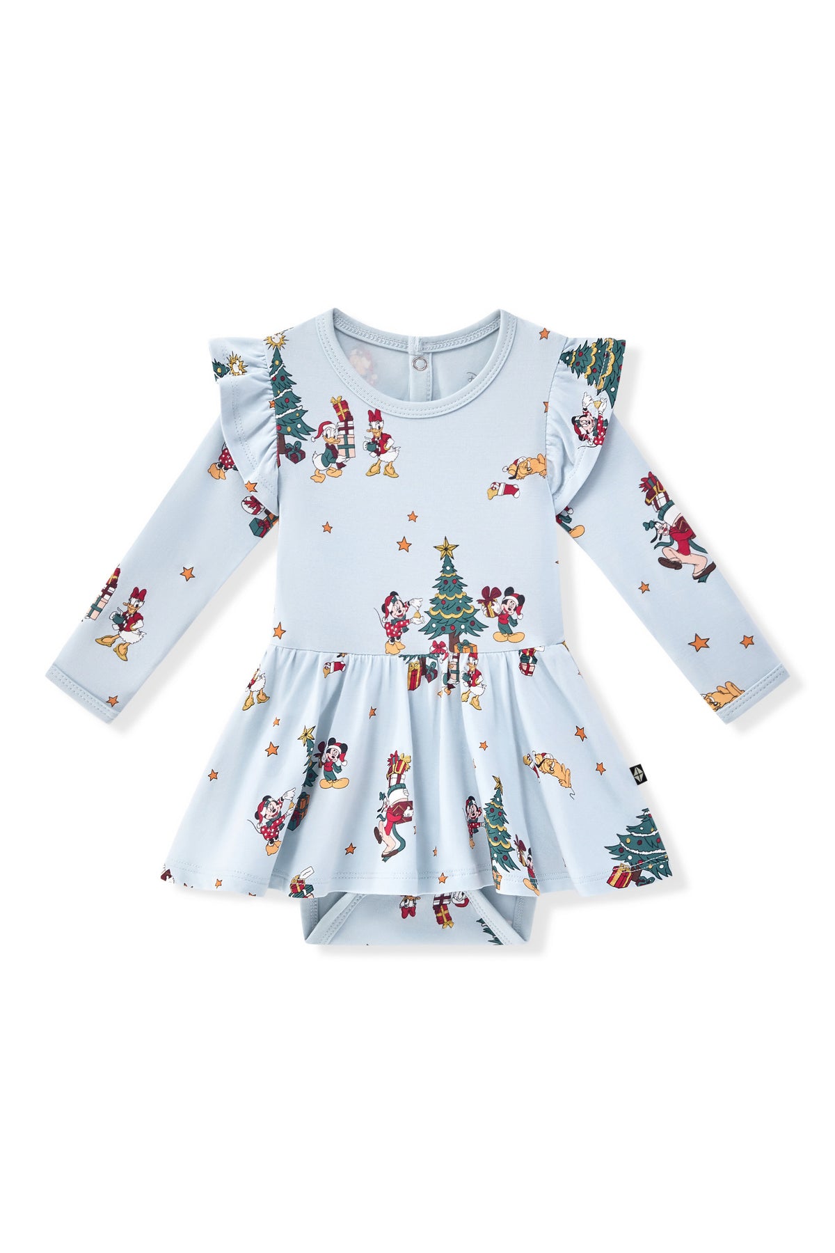 Long Sleeve Twirl Bodysuit Dress in Mickey & Friends Christmas print on a white background