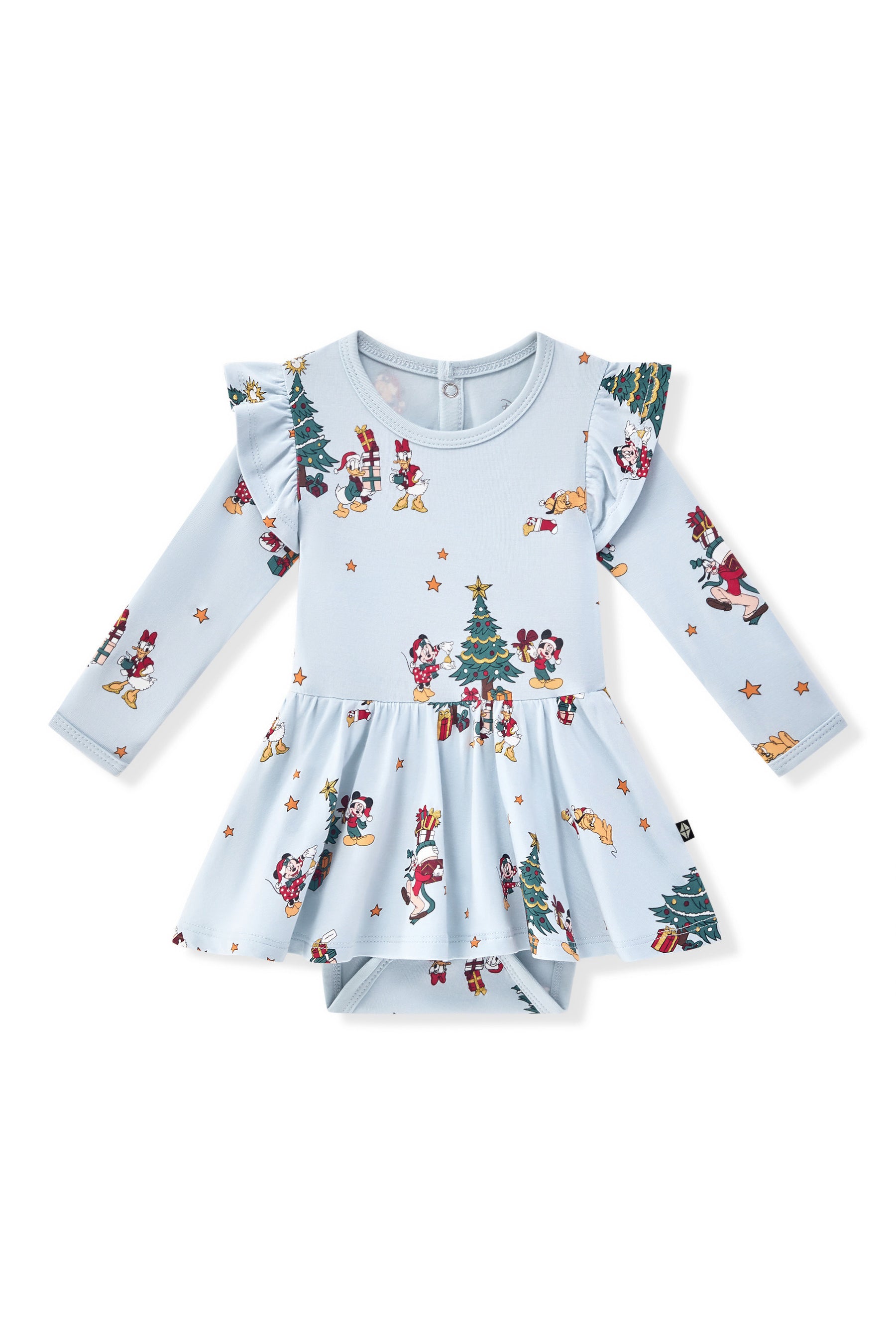 Long Sleeve Twirl Bodysuit Dress in Mickey & Friends Christmas print on a white background
