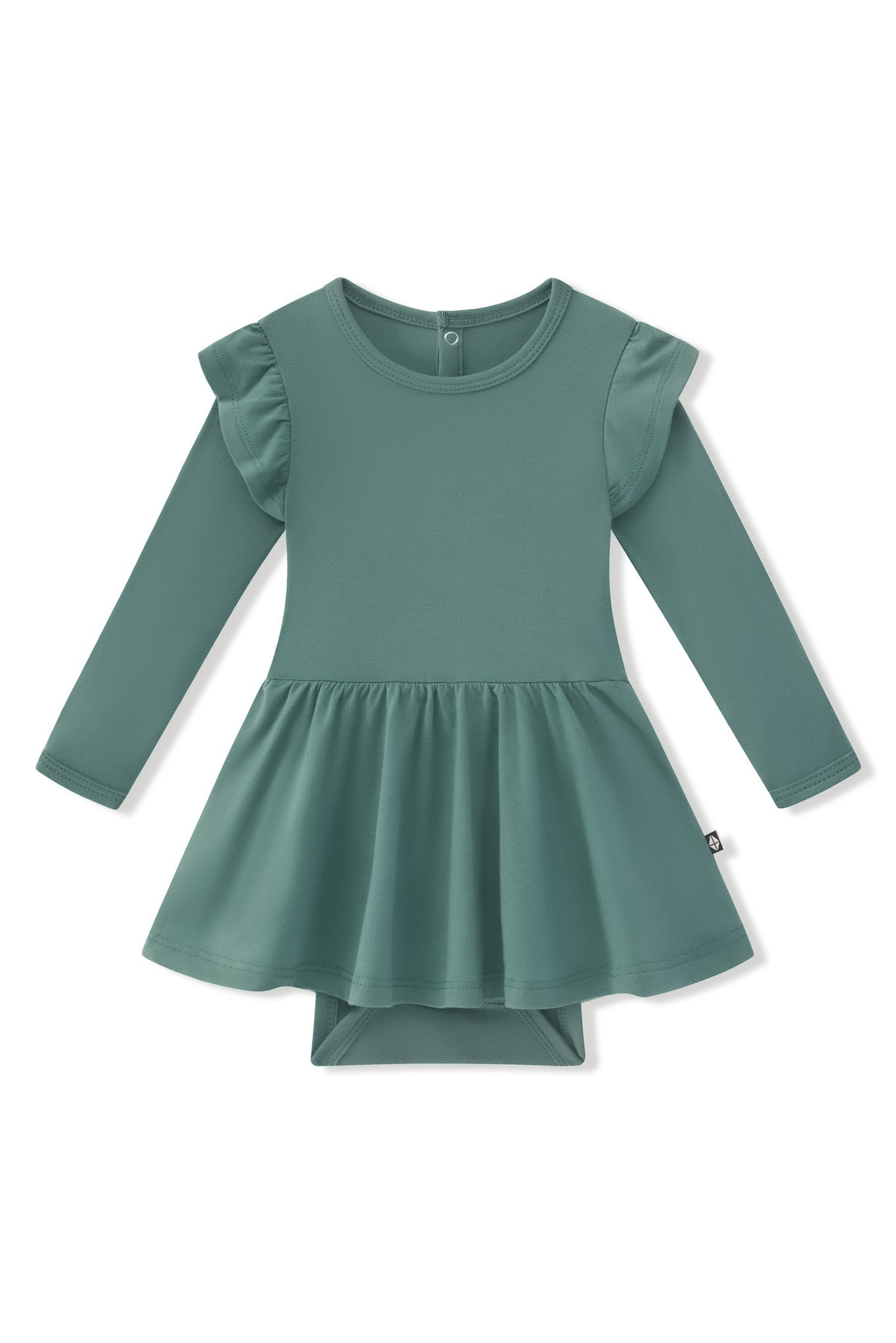 Long Sleeve Twirl Bodysuit Dress in Pine color on a white background