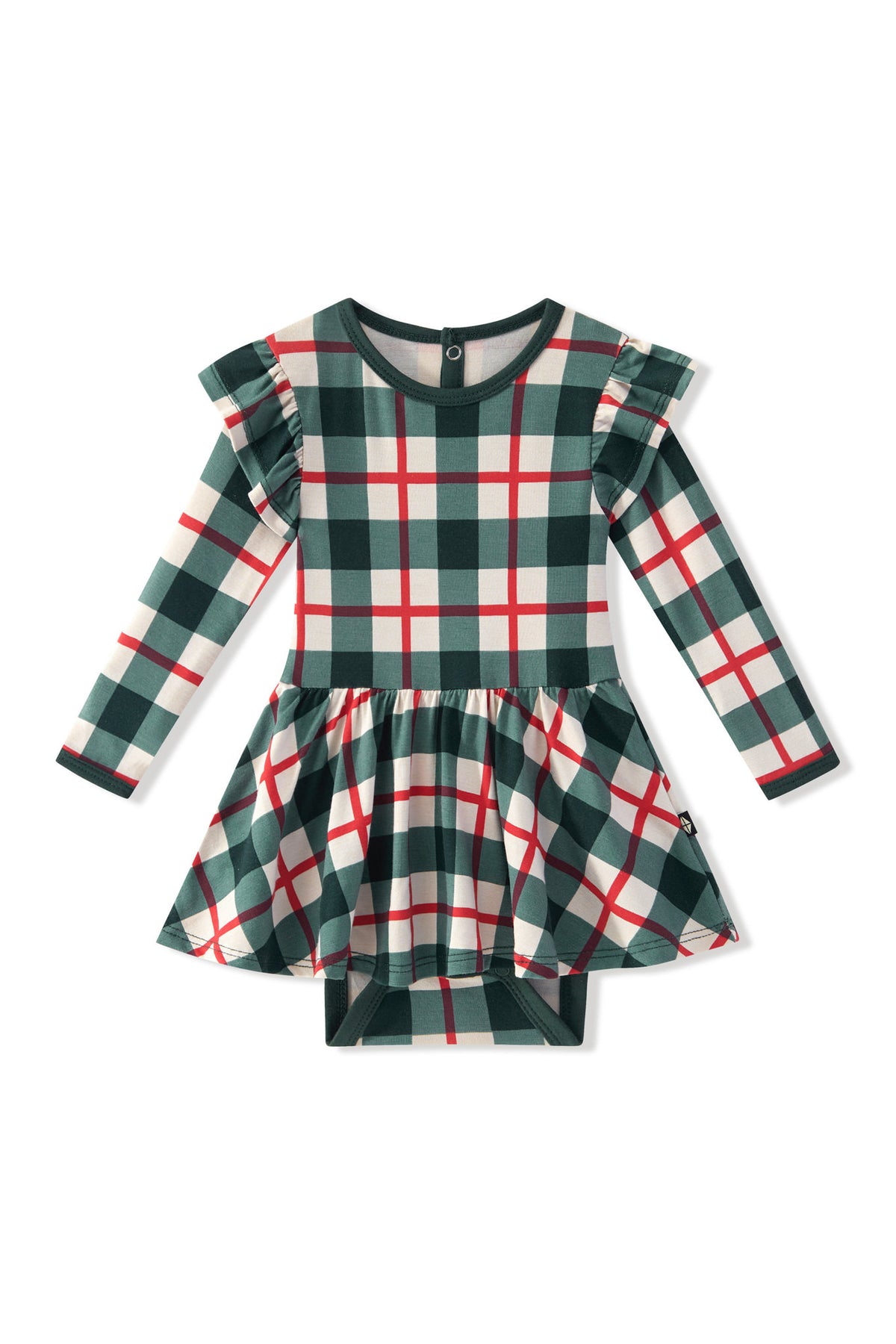 Long Sleeve Twirl Bodysuit Dress in Holiday Plaid