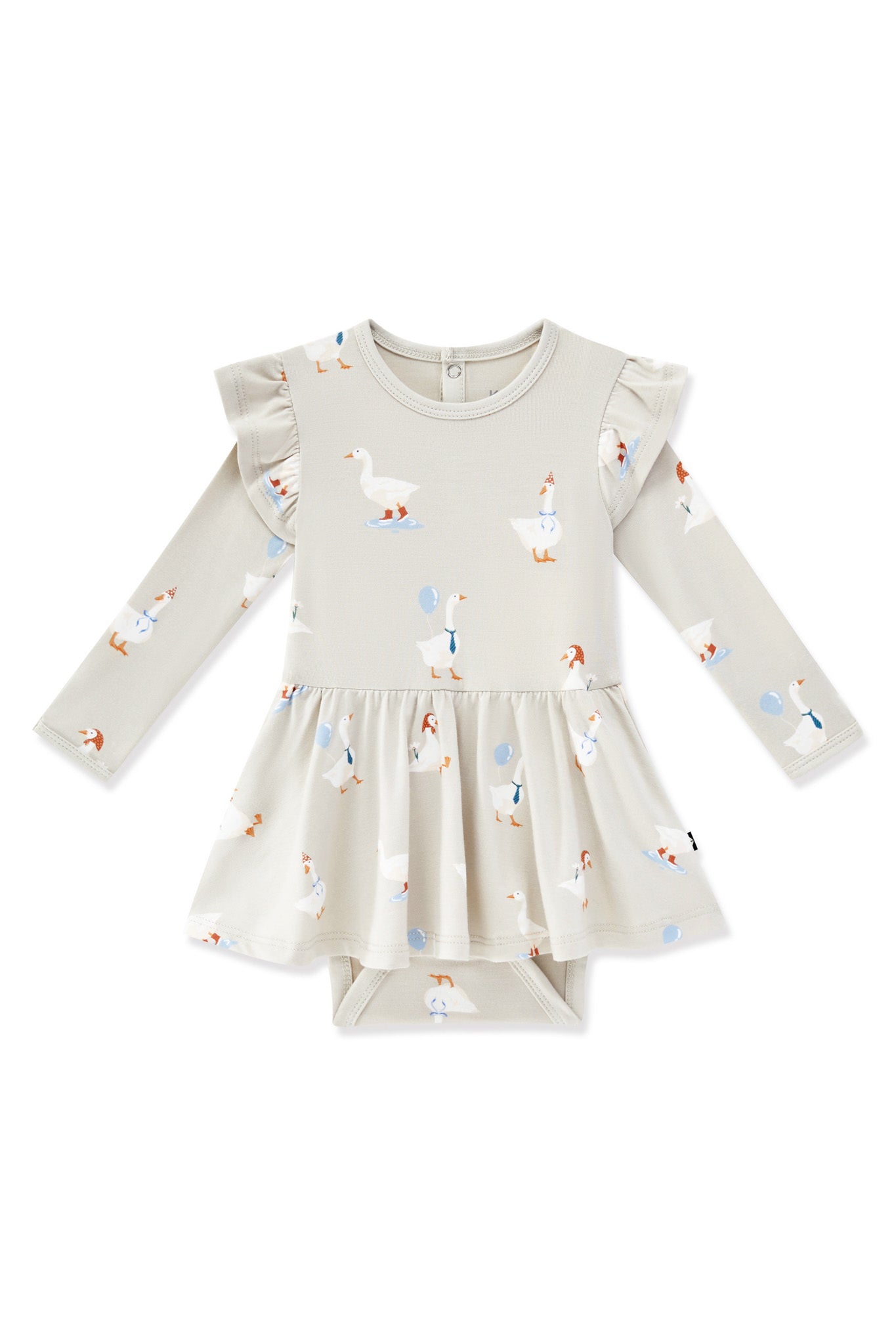 Long Sleeve Twirl Bodysuit Dress in Oat Silly Goose print on a white background