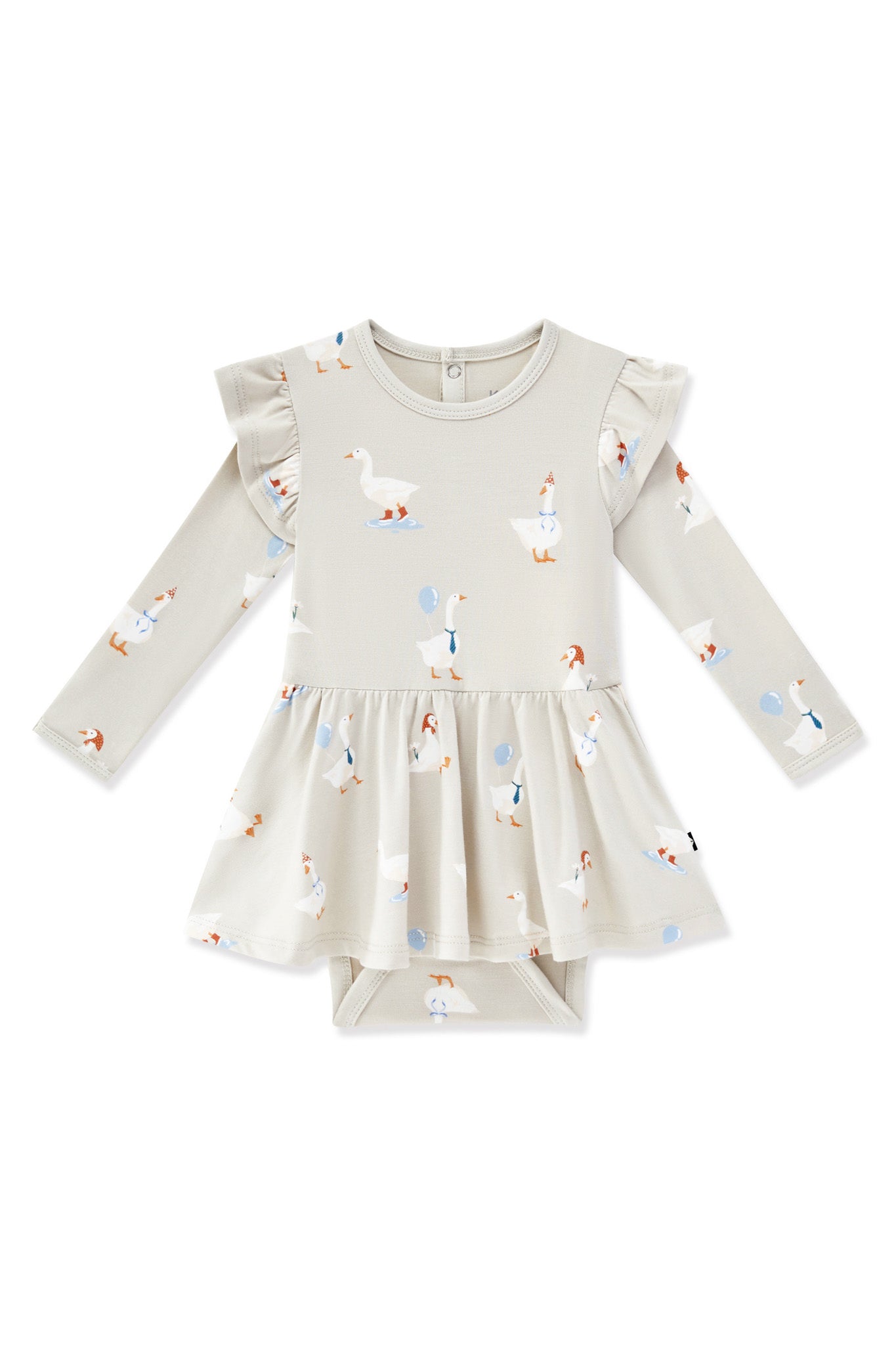 Long Sleeve Twirl Bodysuit Dress in Oat Silly Goose print on a white background