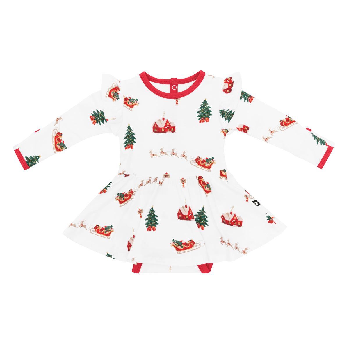 Product photo of the Long Sleeve Twirl Bodysuit Dress in Santa Sleigh