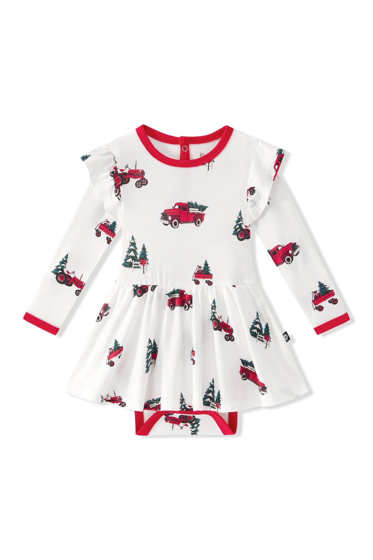 Long Sleeve Twirl Bodysuit Dress in Holiday Tree Farm