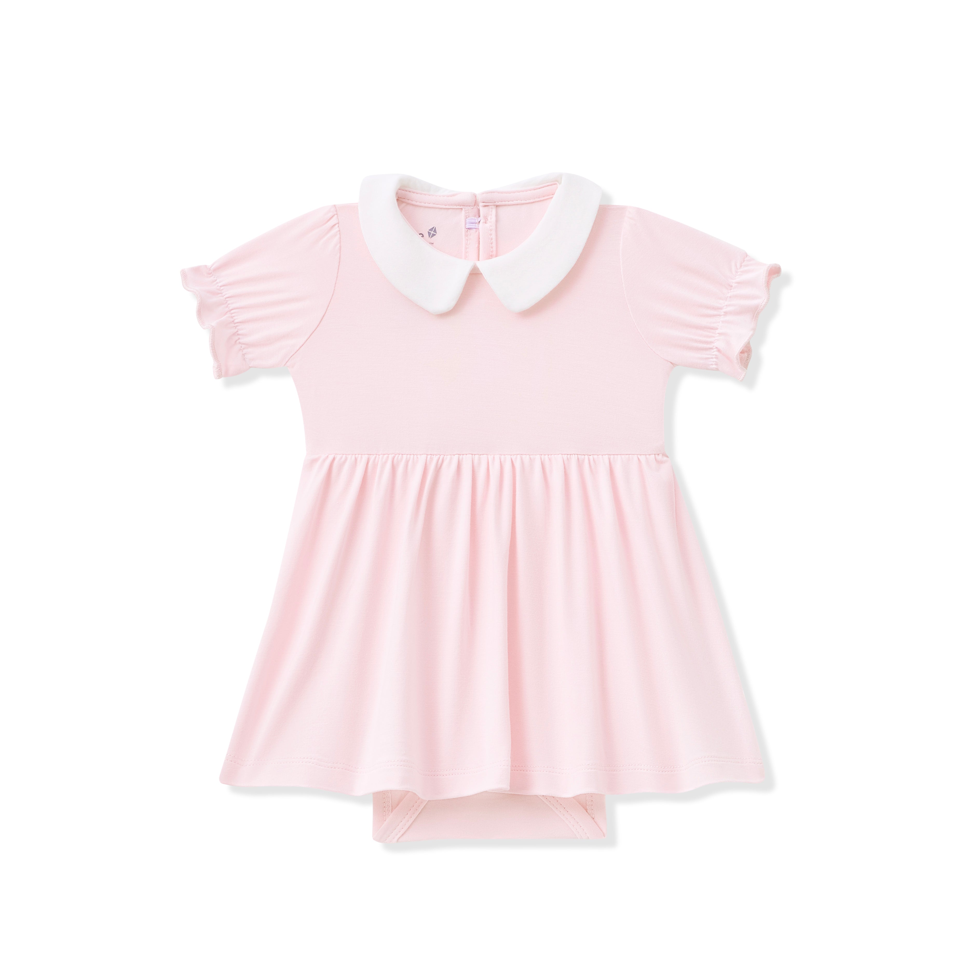 Pink bodysuit dress with white collar on a white background