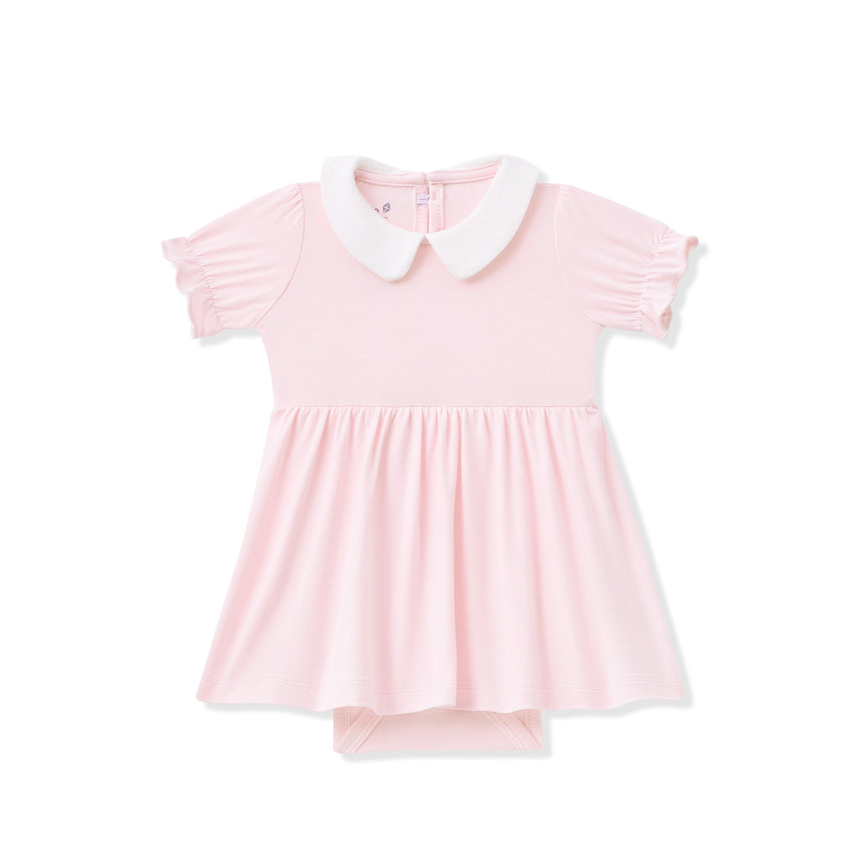 Pink bodysuit dress with white collar on a white background