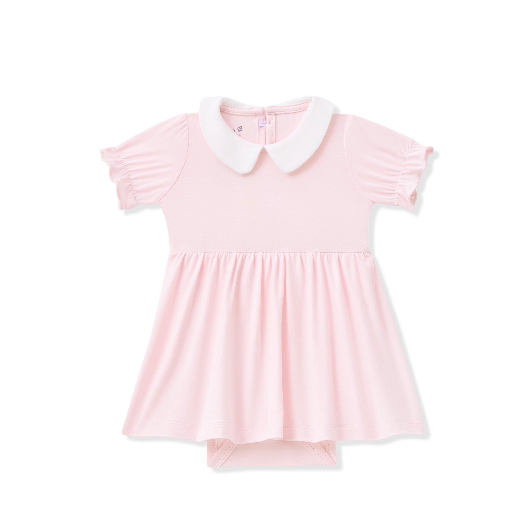 Pink bodysuit dress with white collar on a white background