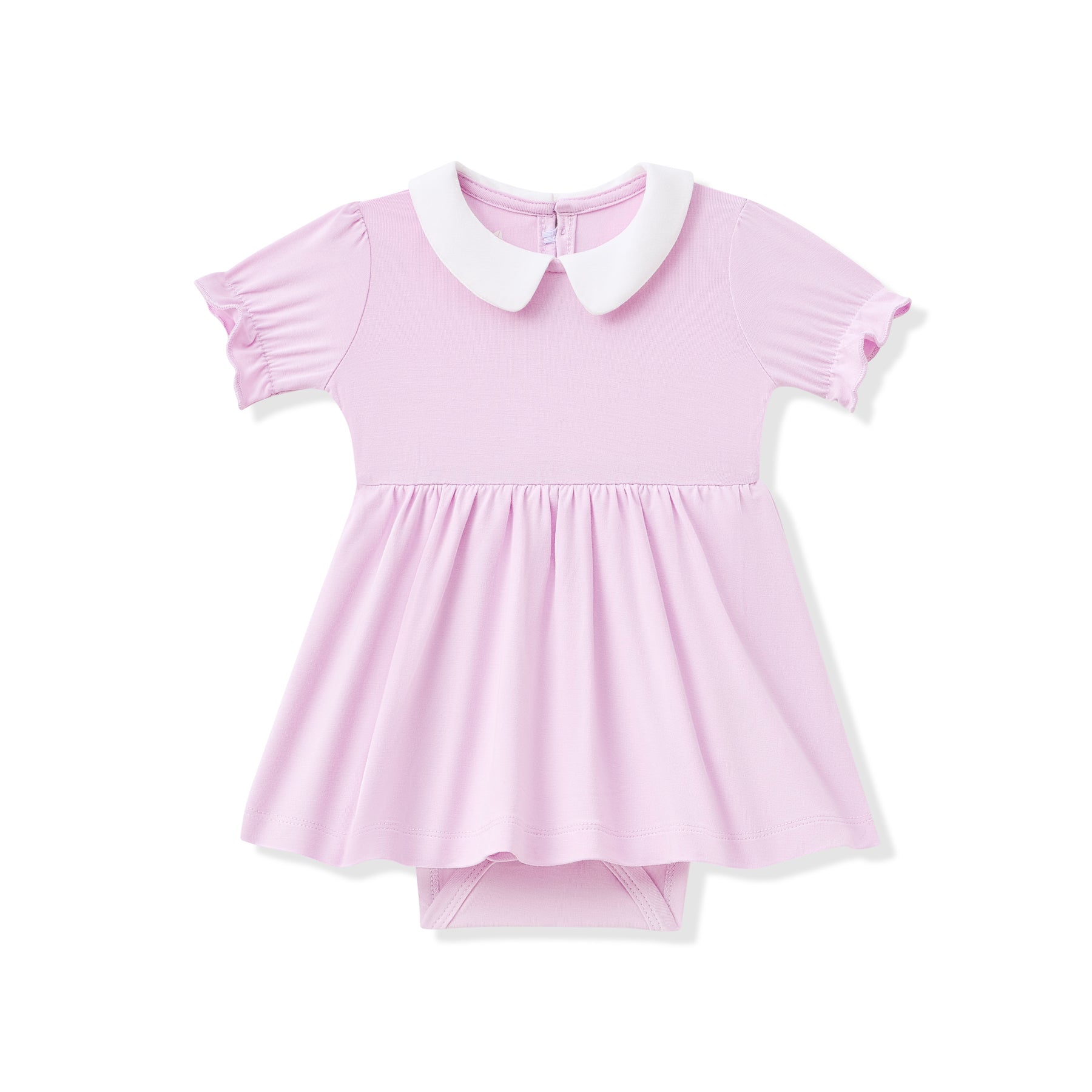 Purple dress with white collar on a white background