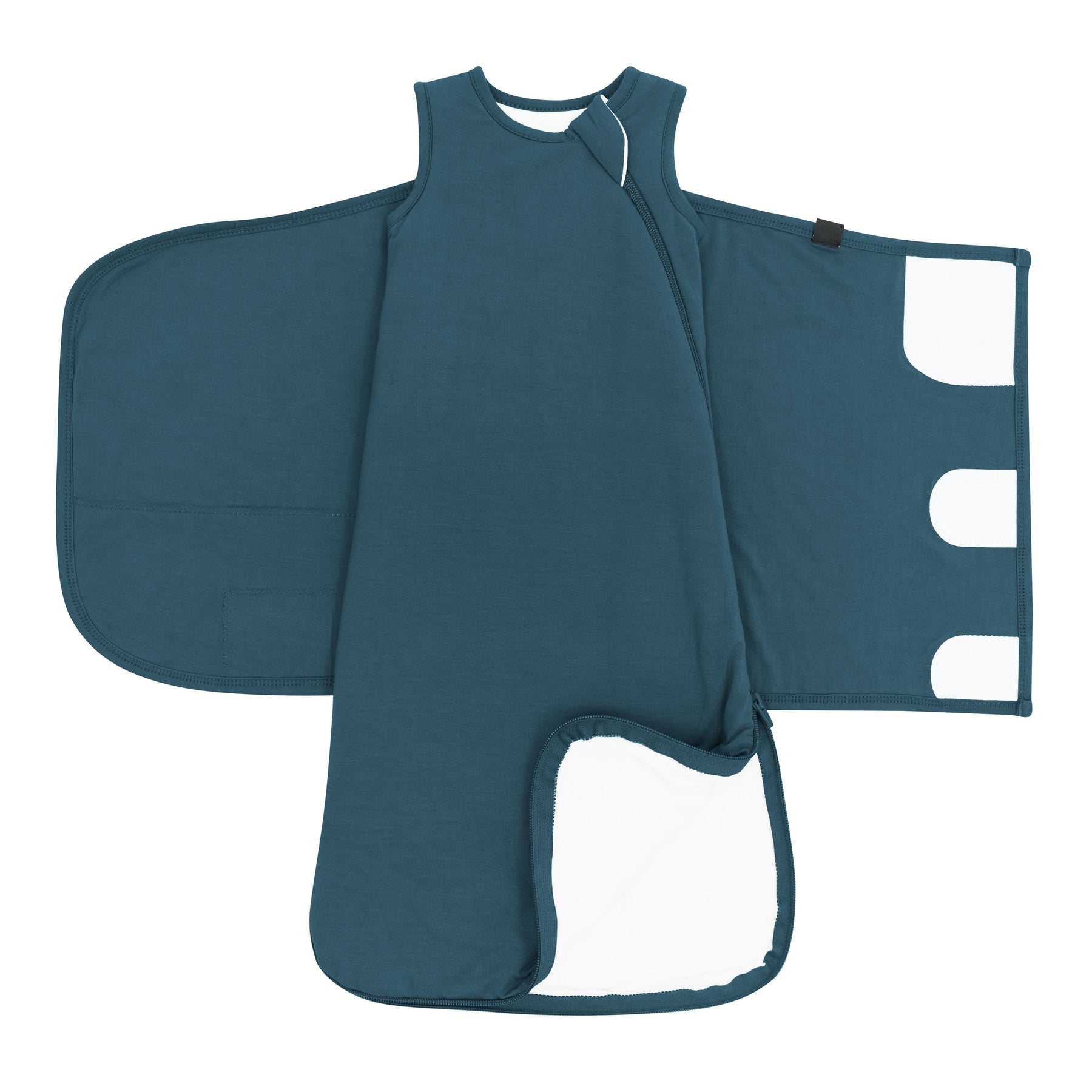 Double zipper shown on an unswaddled Sleep Bag Swaddler in Atlantic 1.0
