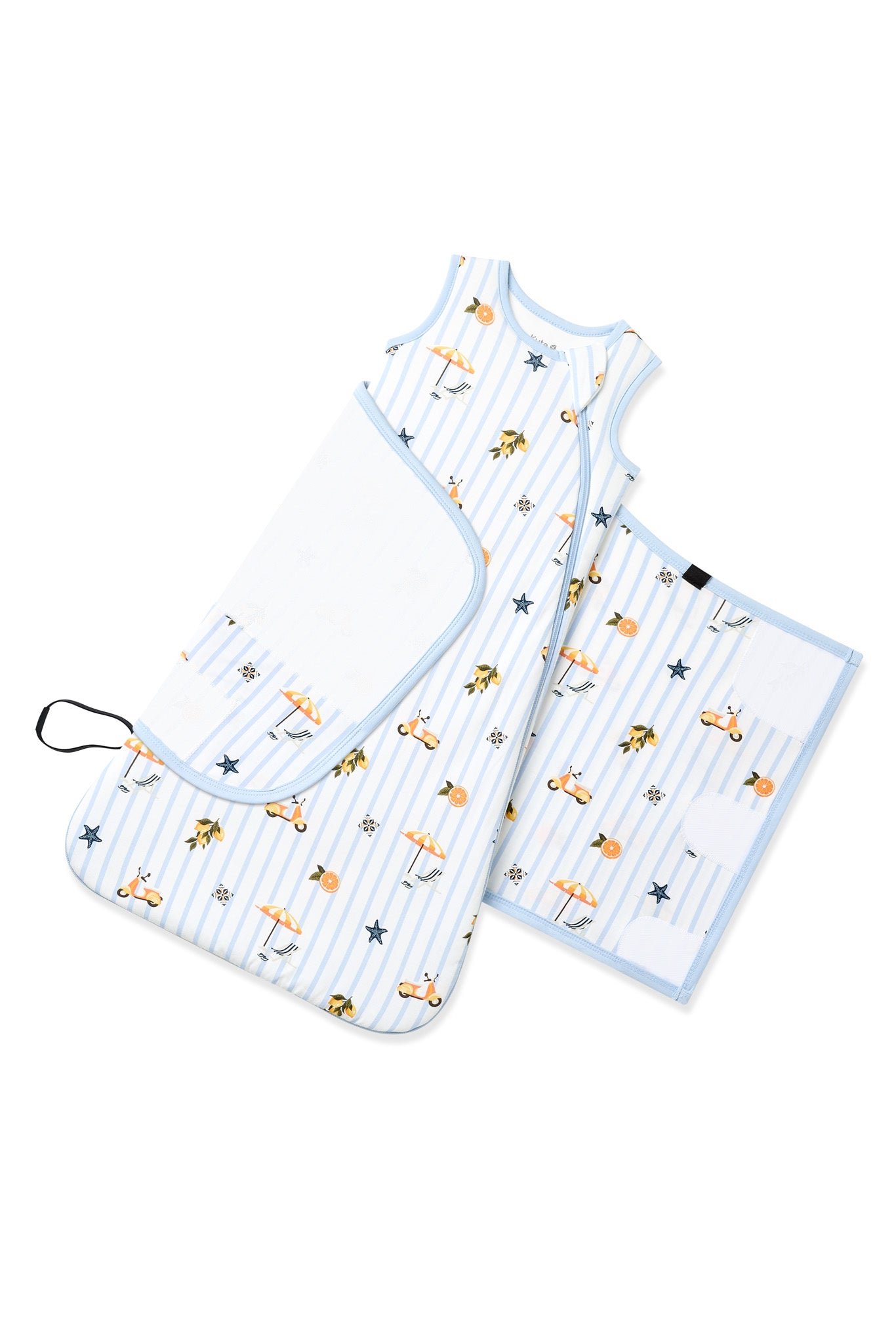 Adjustable velcro strap shown on an unswaddled Sleep Bag Swaddler in Amalfi Coast 1.0 on white background