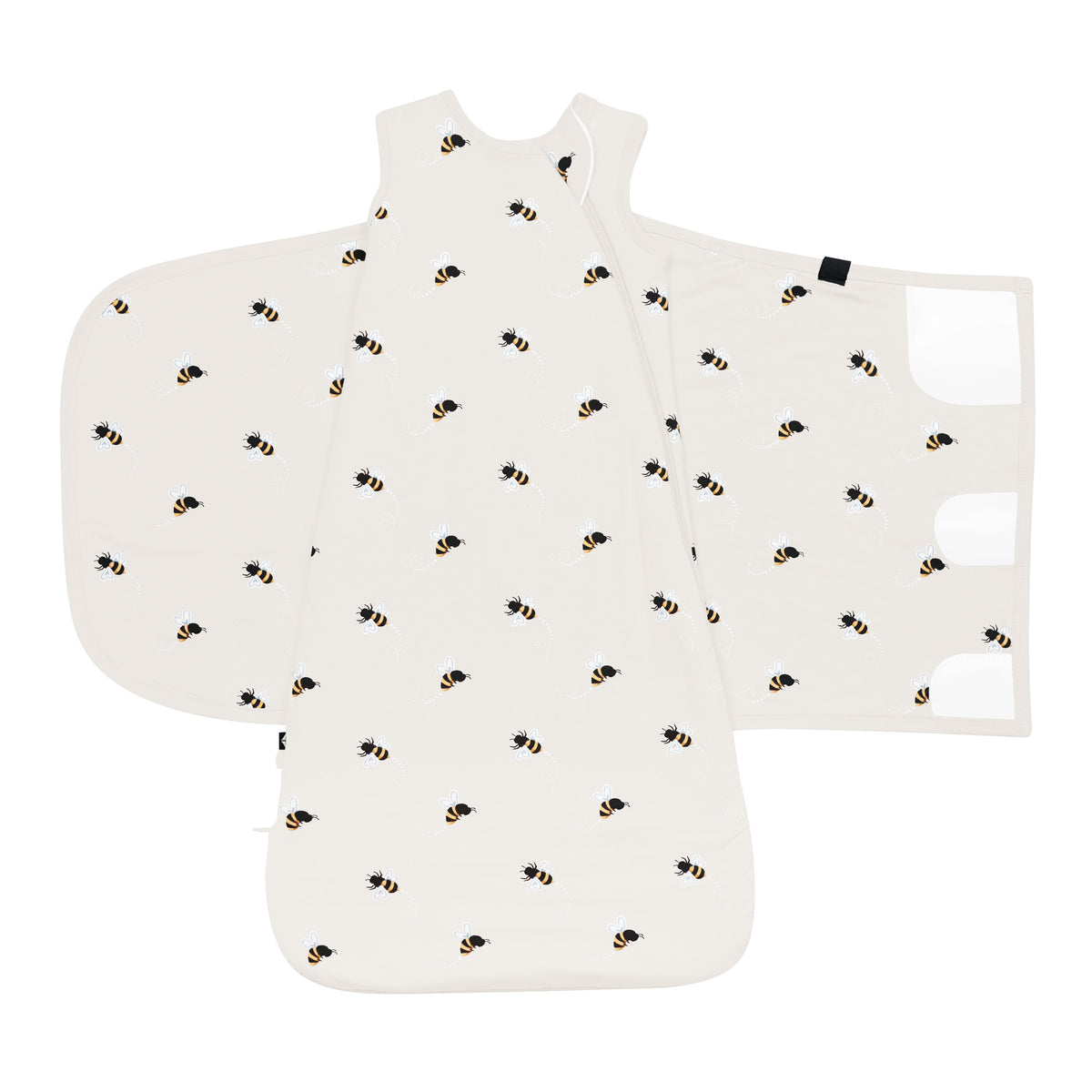 Product photo of Bee Mine sleep bag swaddler showing the swaddling fabric open