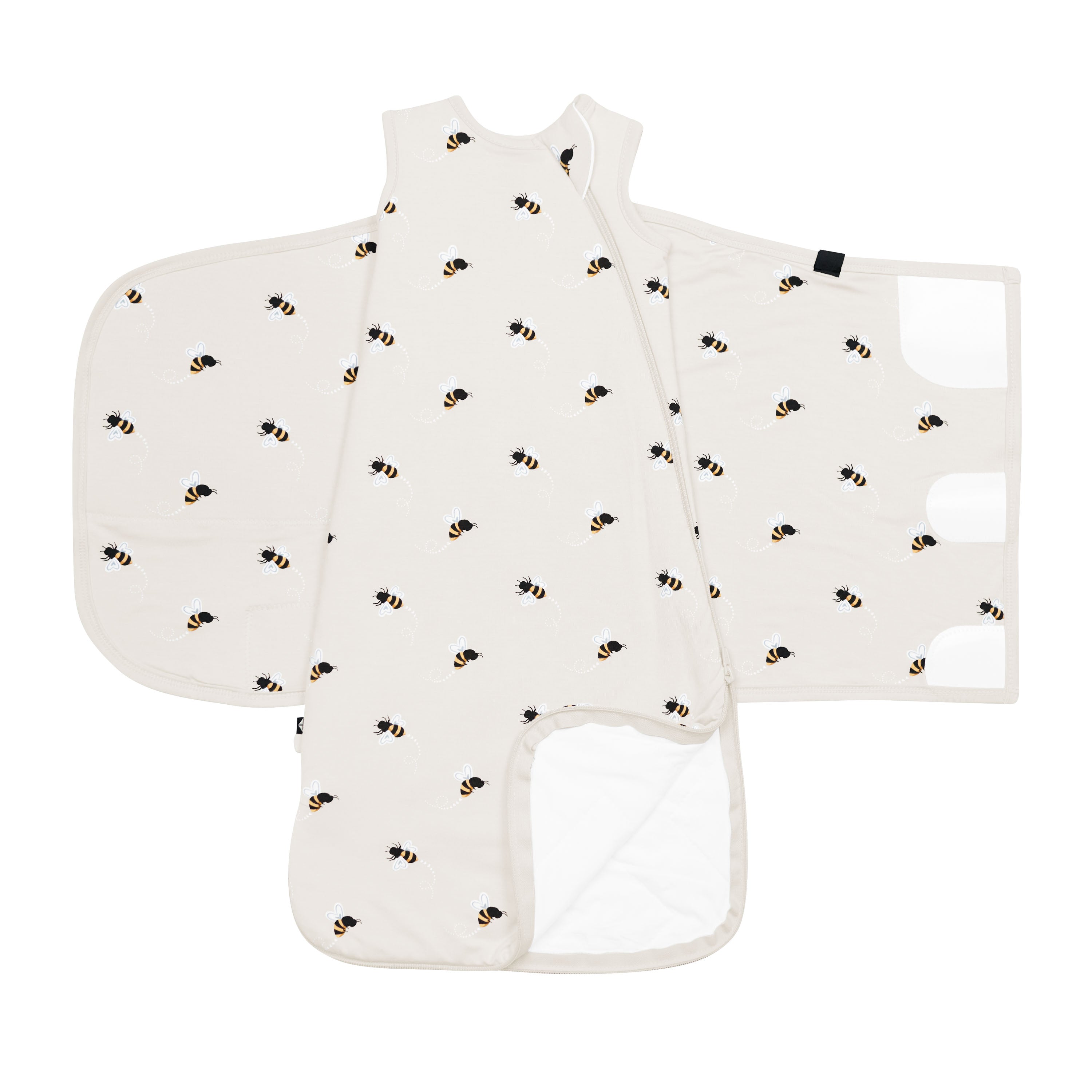 Product photo of Bee Mine sleep bag swaddler showing the swaddling fabric open and bottom unzipped