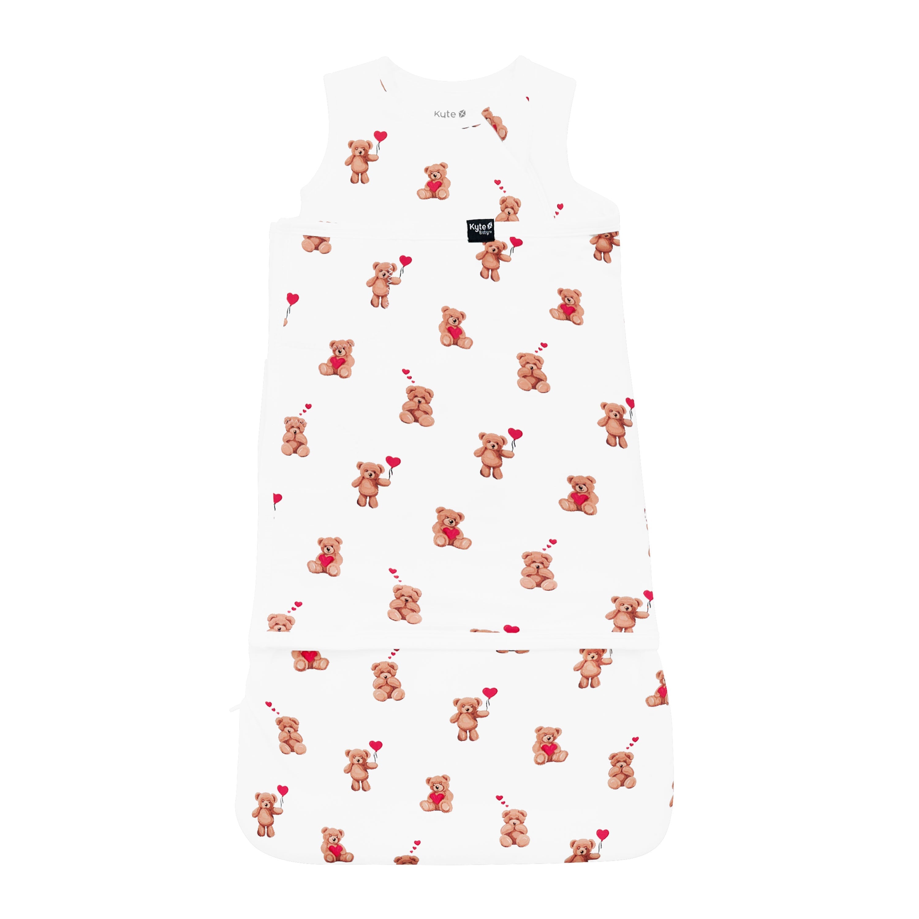 Product photo of the Sleep Bag Swaddler in Bear Hearts 1.0 shown swaddled