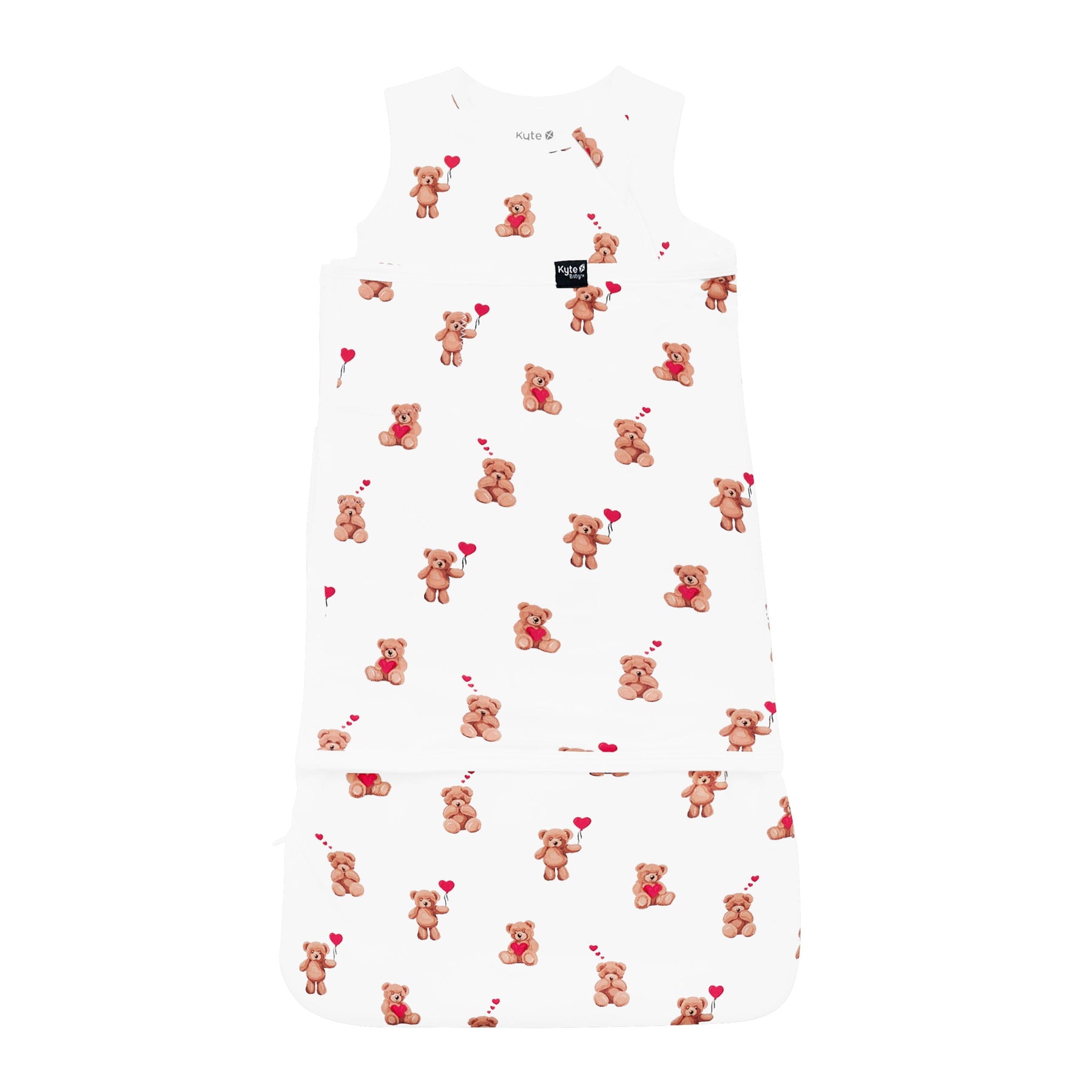 Product photo of the Sleep Bag Swaddler in Bear Hearts 1.0 shown swaddled