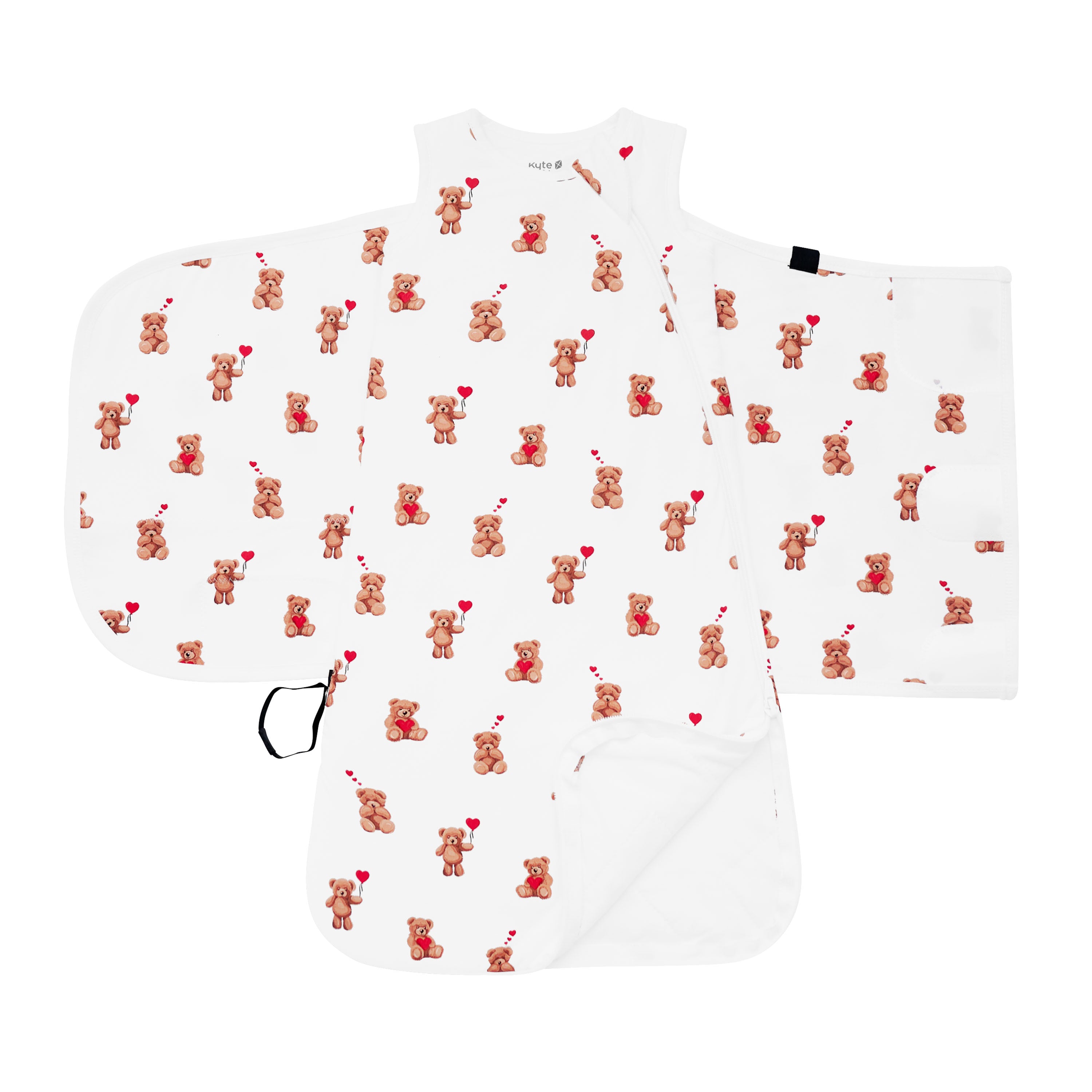 Unswaddled Sleep Bag Swaddler in Bear Hearts 1.0 showing the double zipper and adjustable velcro wrap