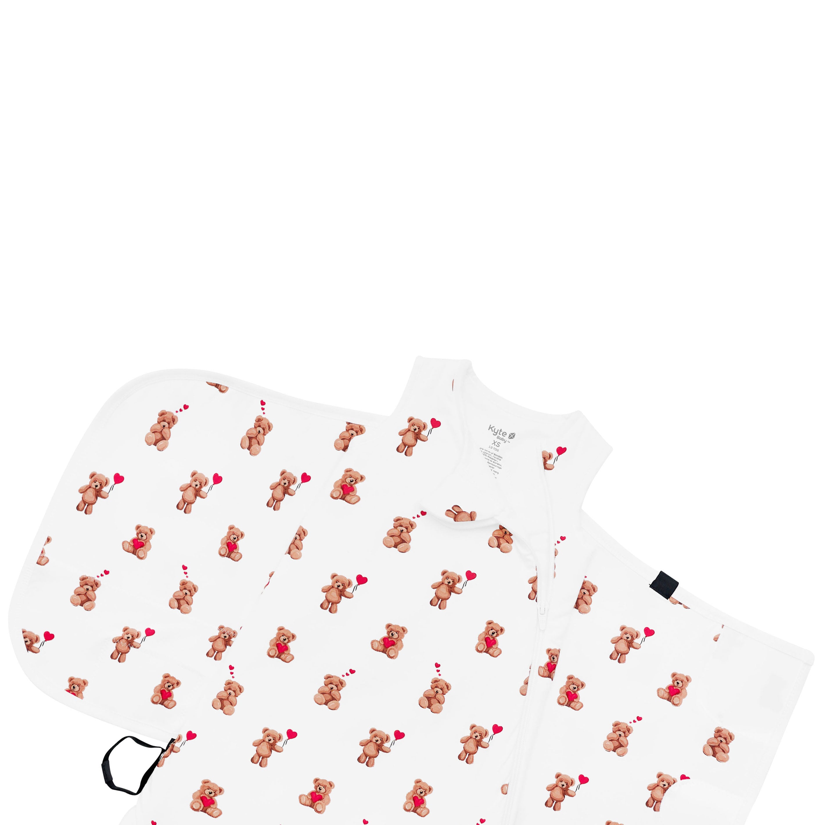 Top zipper and adjustable velcro shown on an unswaddled Sleep Bag Swaddler in Bear Hearts 1.0