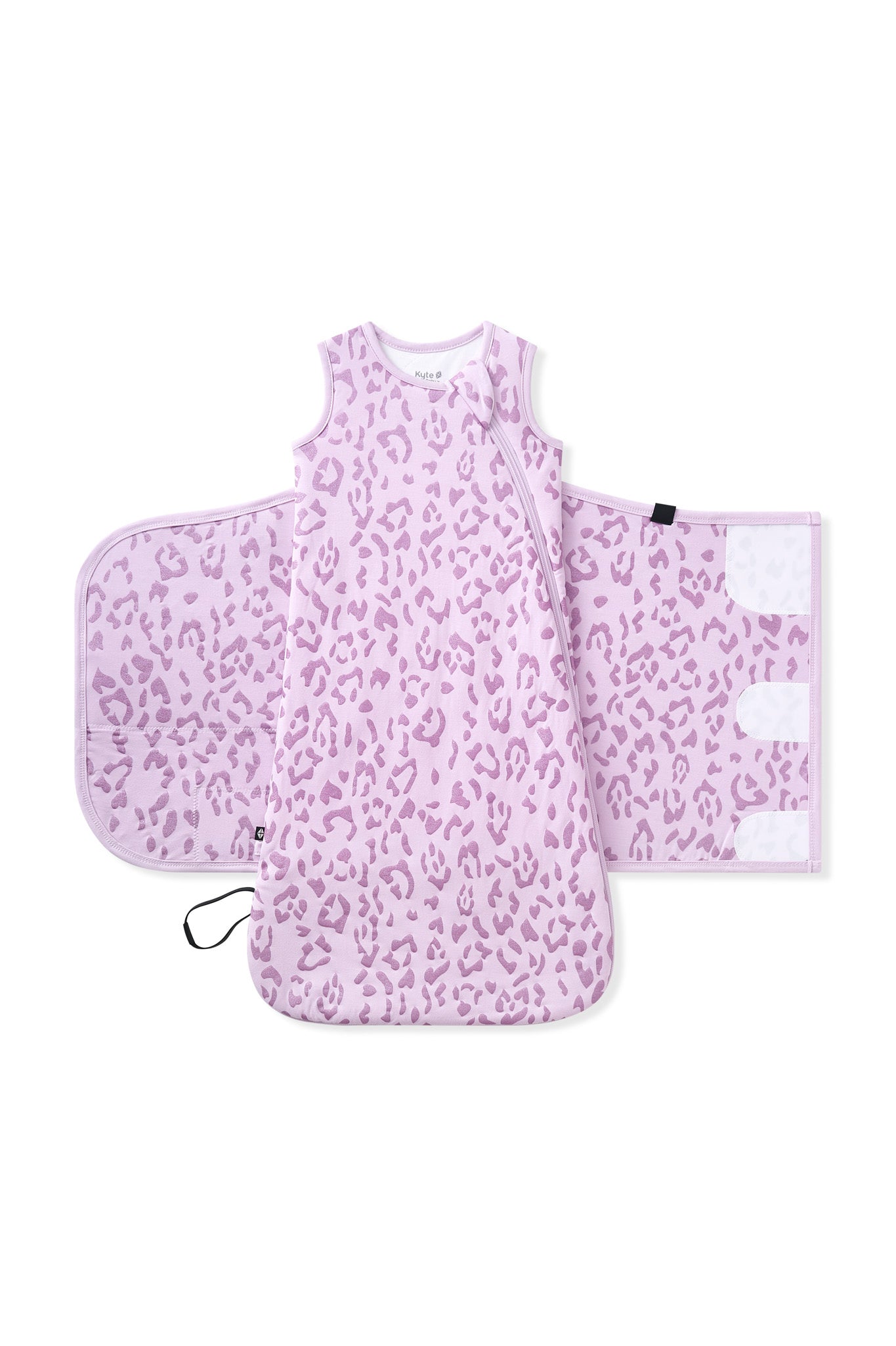 Sleep Bag Swaddler in Thistle Leopard print shown unswaddled on white background