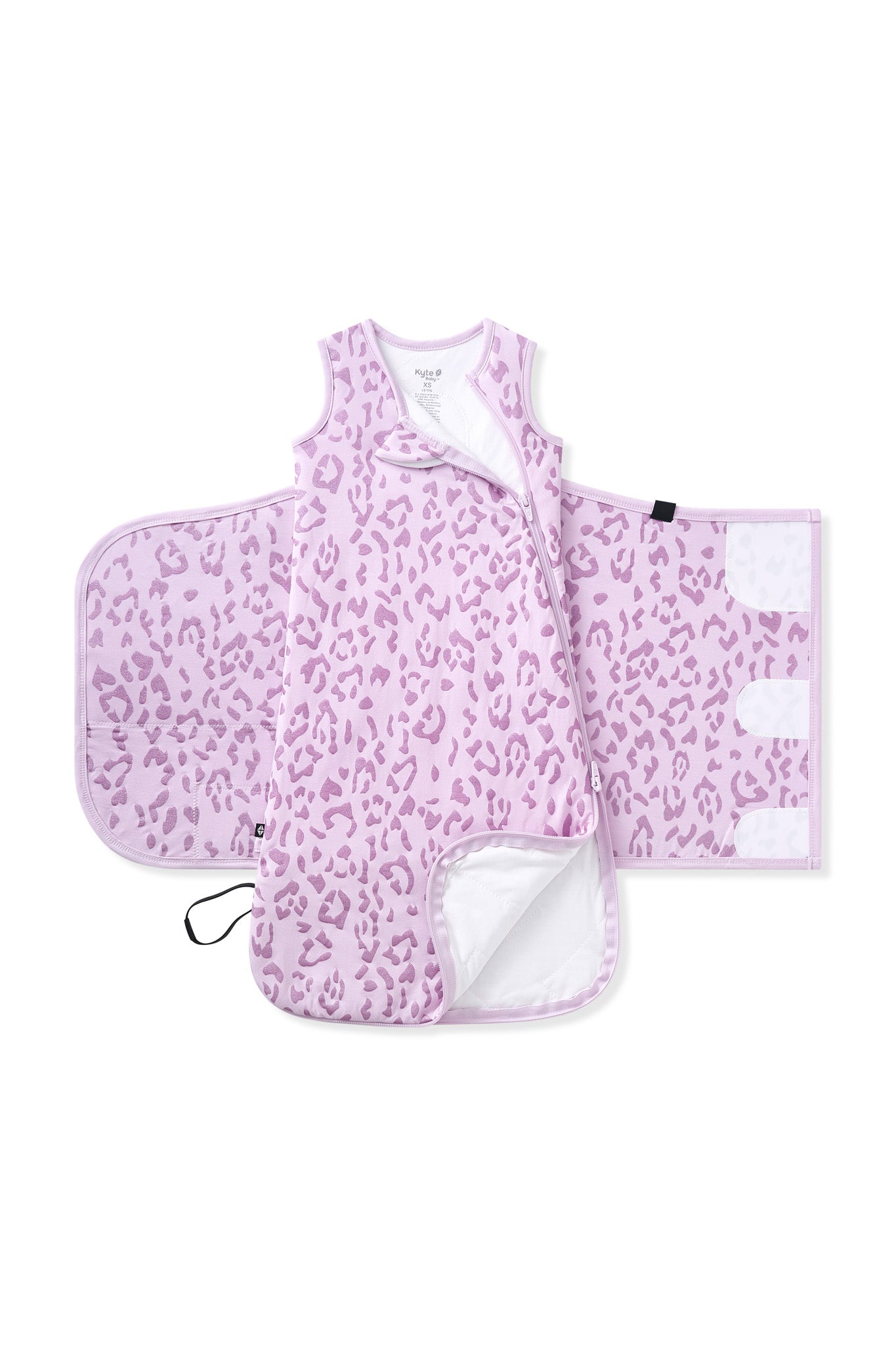 Double zipper shown on an unswaddled Sleep Bag Swaddler in Thistle Leopard print on white background