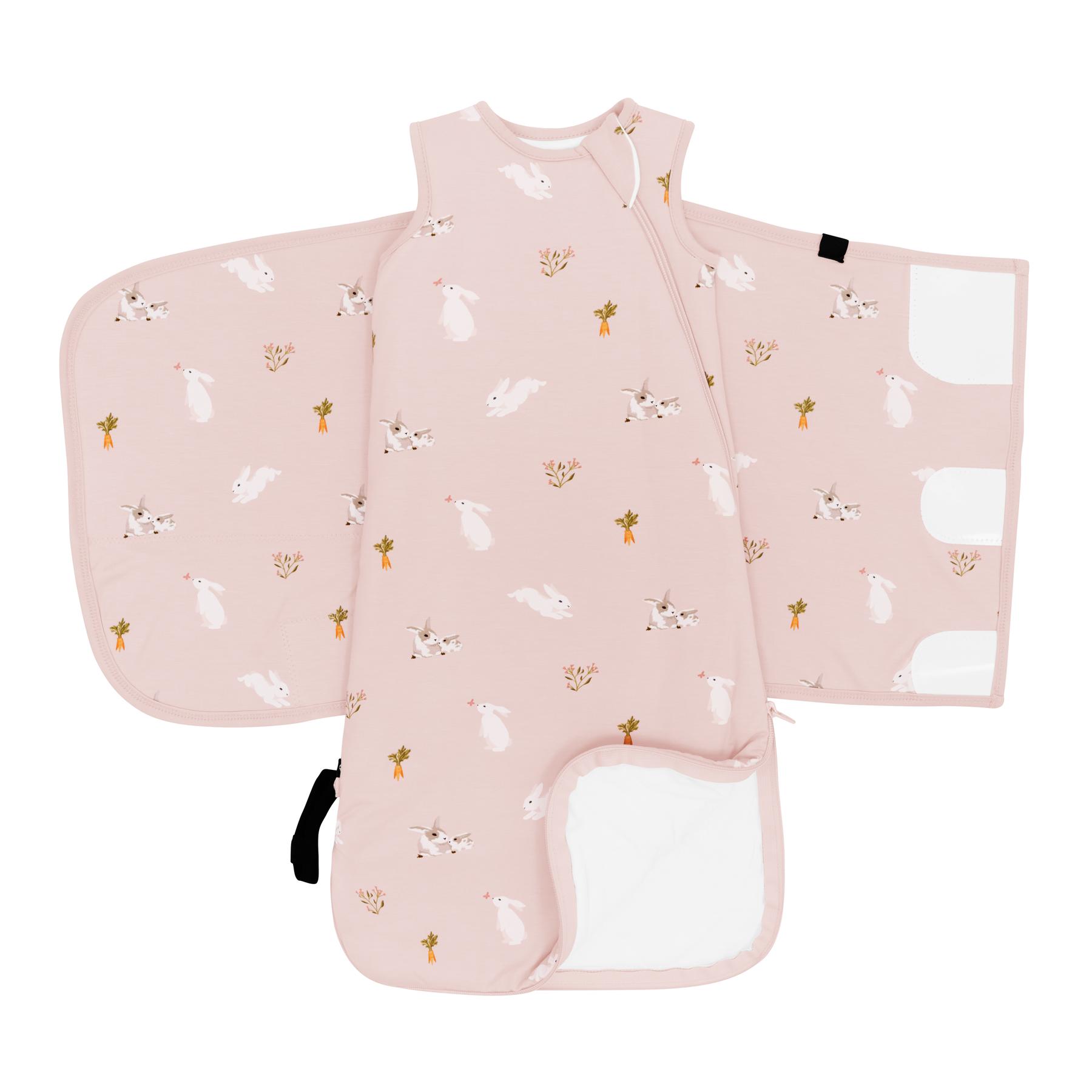 Sleep Bag Swaddler in Blush Rabbit 1.0 shown unswaddled and unzipped