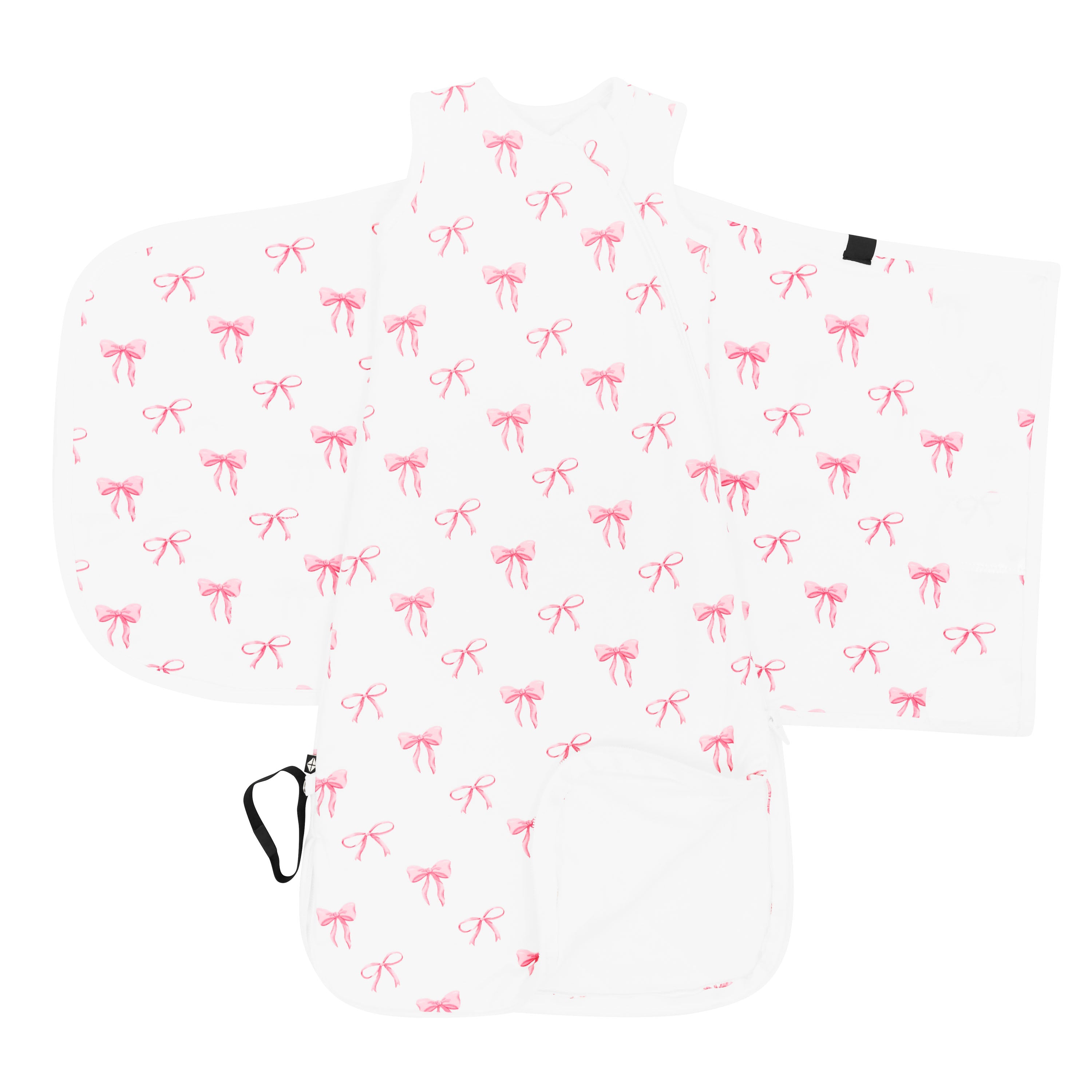Kyte Baby's Sleep Bag Swaddler in Bow 1.0 shown unswaddled with the bottom zipper undone