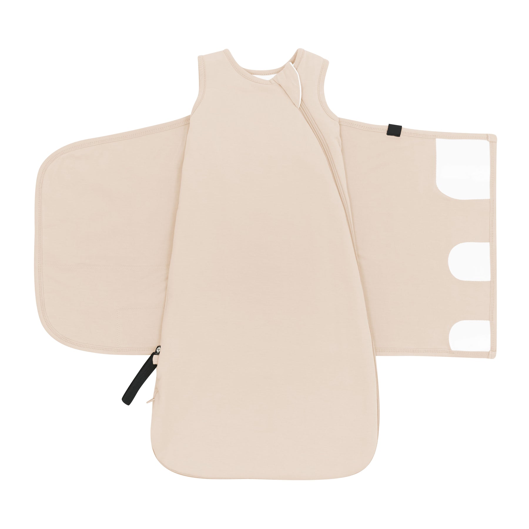 The adjustable velcro shown on an unswaddled Sleep Bag Swaddler in Bisque 1.0