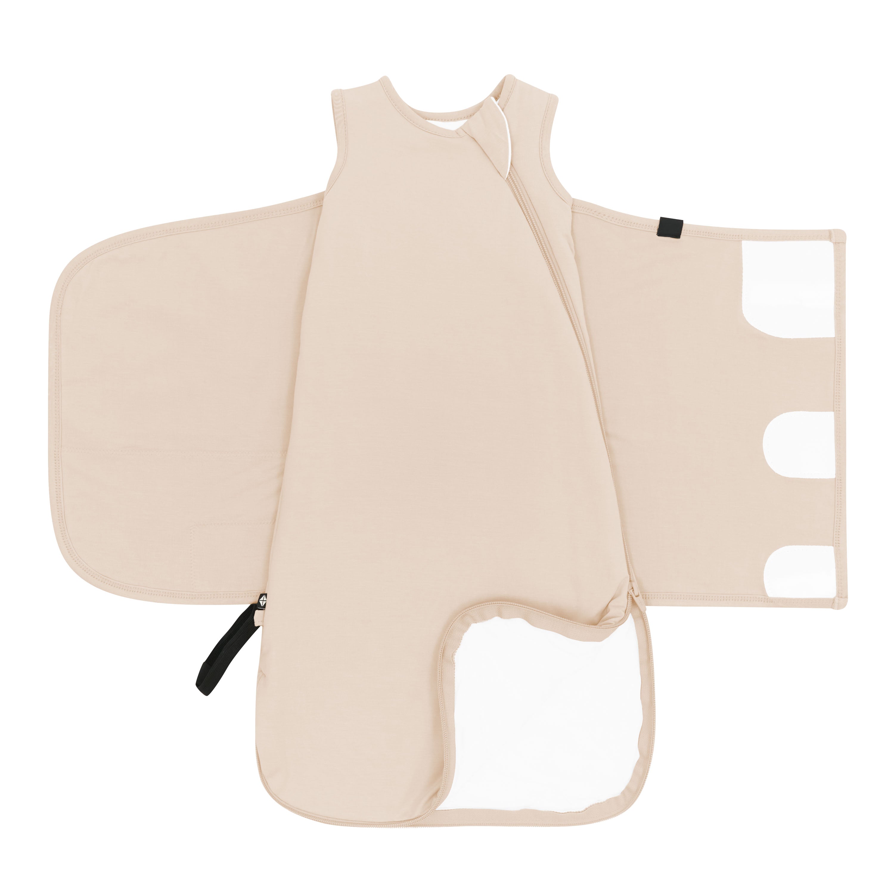 Dual zipper system shown on an unswaddled Sleep Bag Swaddler in Bisque 1.0