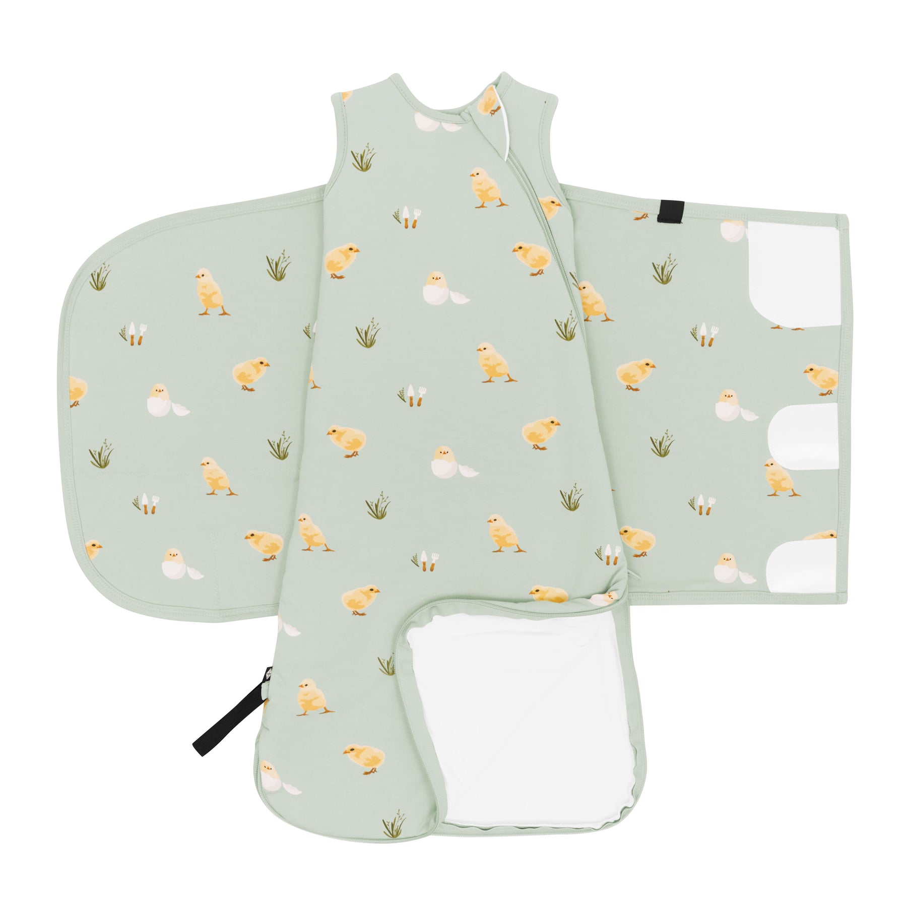 Sleep Bag Swaddler in Aloe Chick 1.0 shown unswaddled and unzipped