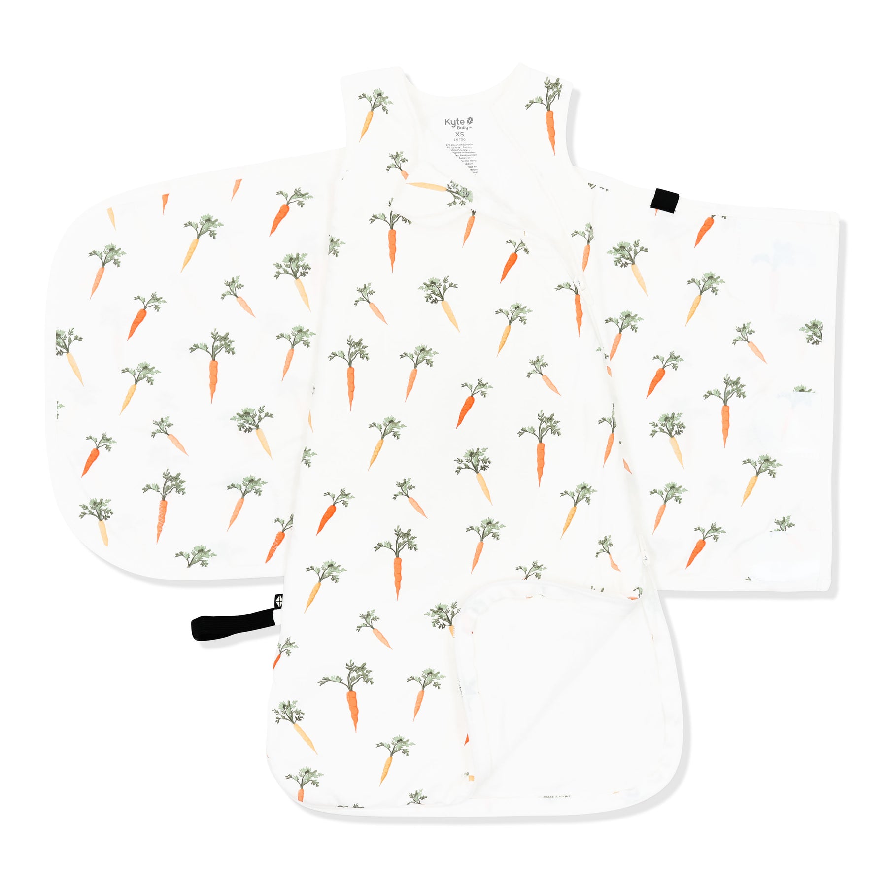 Double zipper shown on an unswaddled Sleep Bag Swaddler in Carrot 1.0