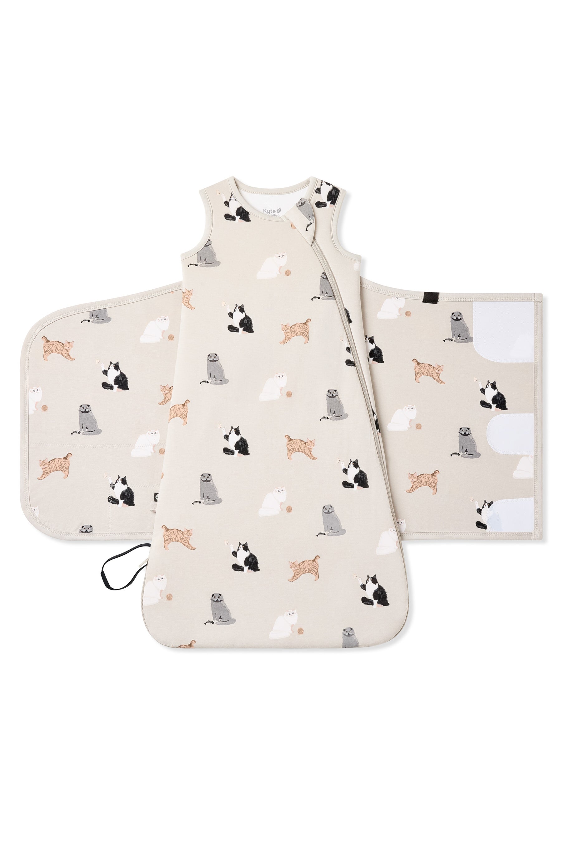 Sleep Bag Swaddler in Fluffy Cat 1.0 shown unswaddled on a white surface