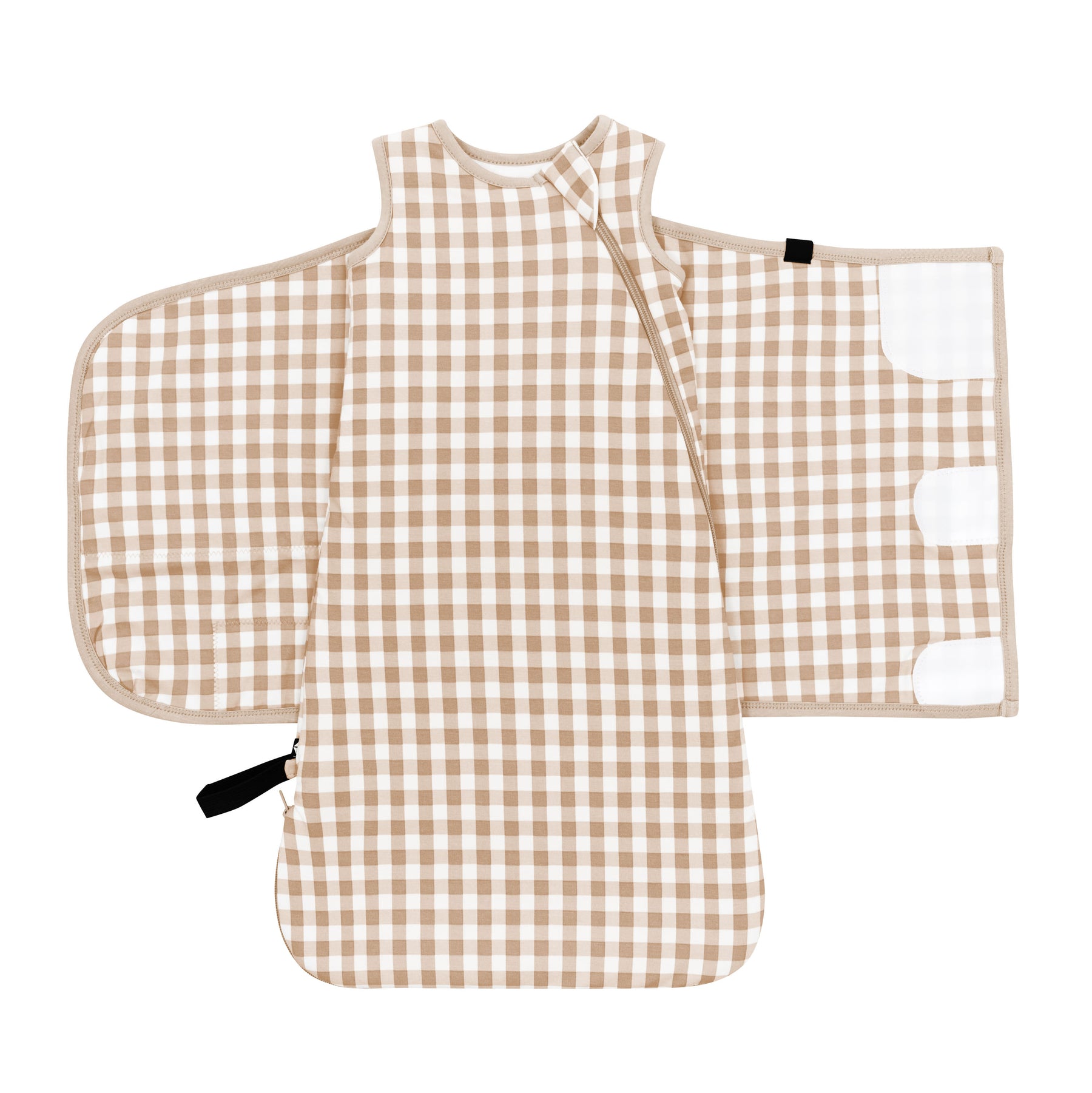 Sleep Bag and adjustable velcro shown on an unswaddled Sleep Bag Swaddler in Gingham Bisque 1.0