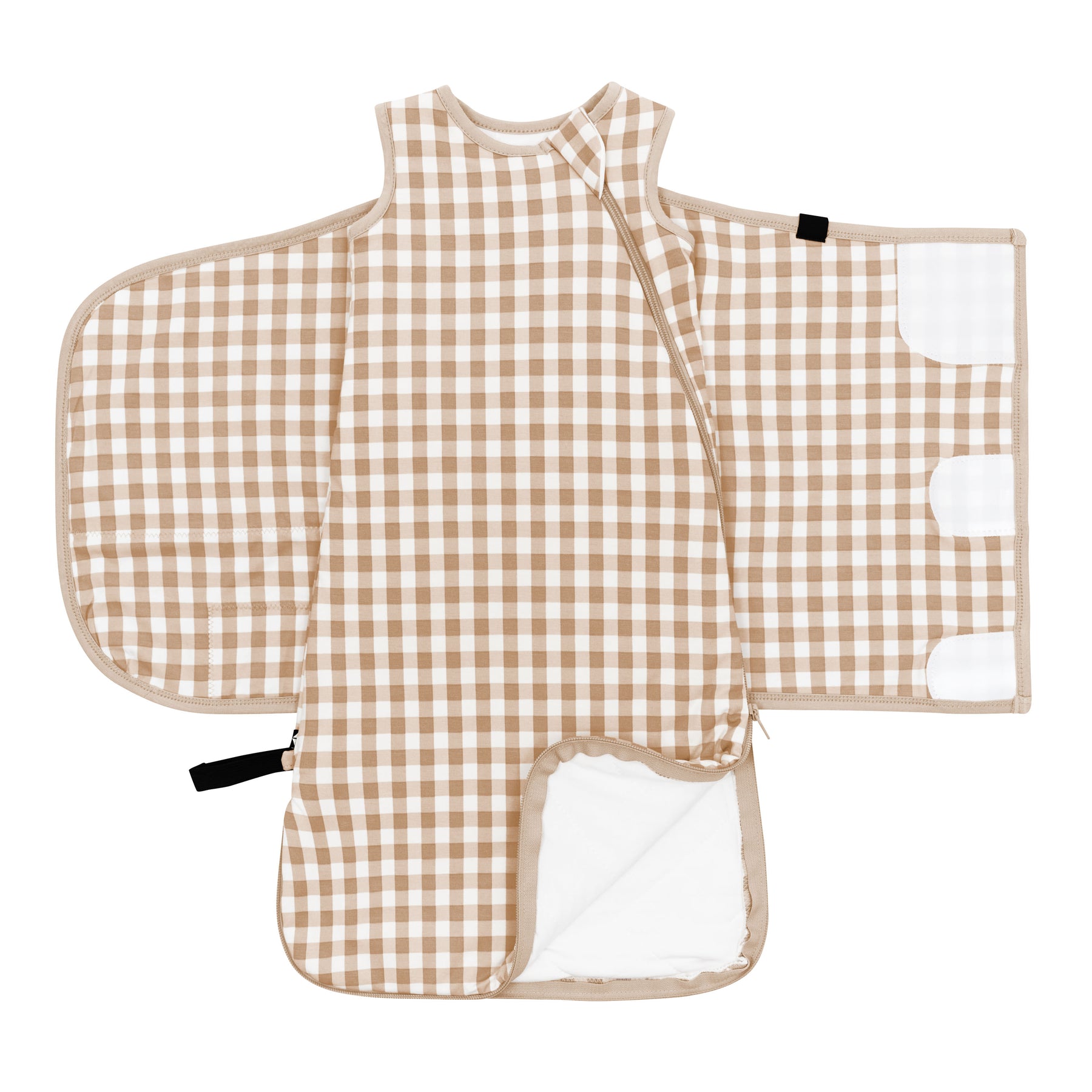 Double zipper shown on an unswaddled Sleep Bag Swaddler in Gingham Bisque 1.0