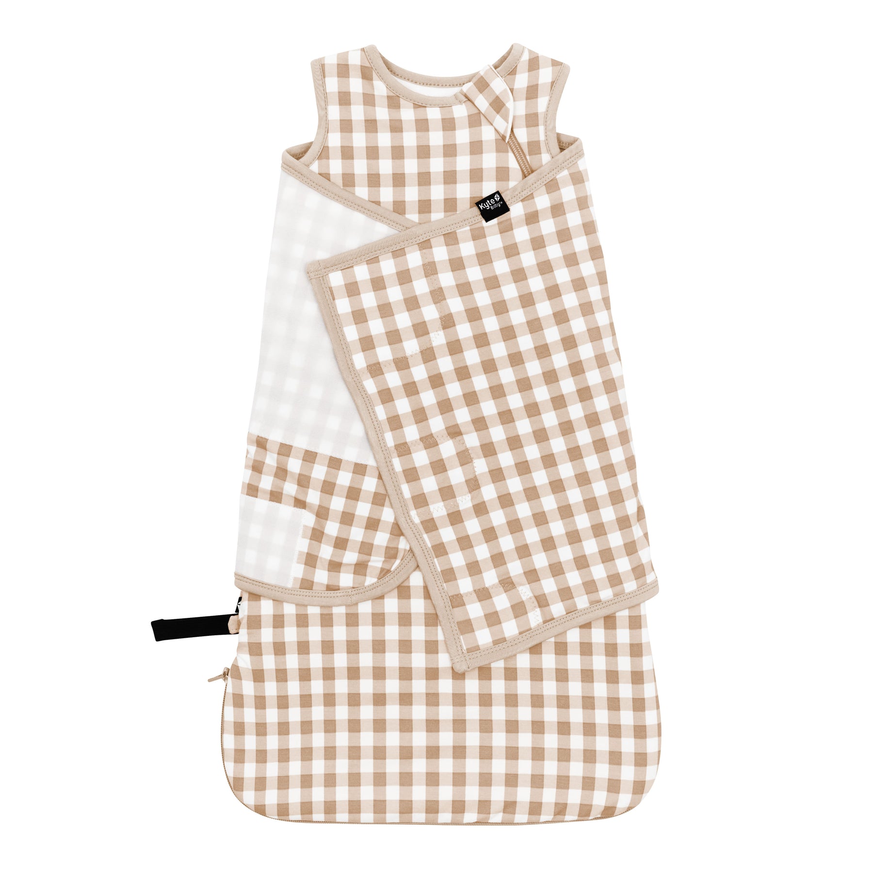 Sleep Bag Swaddler in Gingham Bisque 1.0 shown swaddled