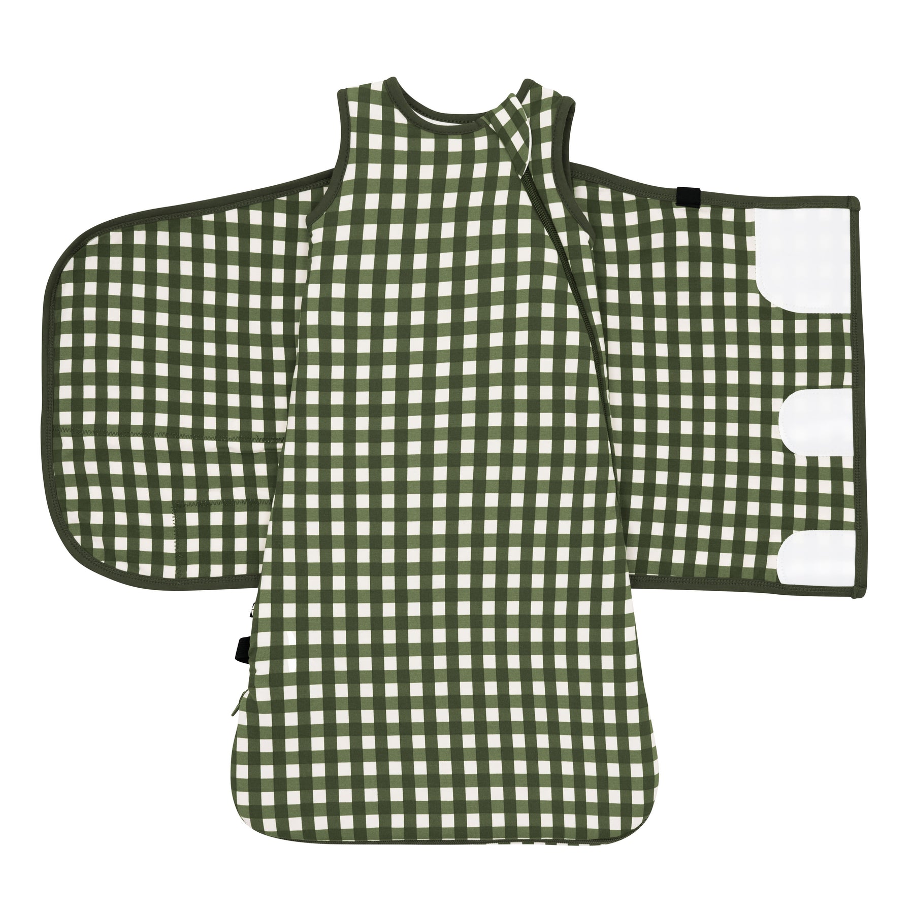 Sleep Bag and adjustable velcro shown on an unswadled Sleep Bag Swaddler in Gingham Fir 1.0