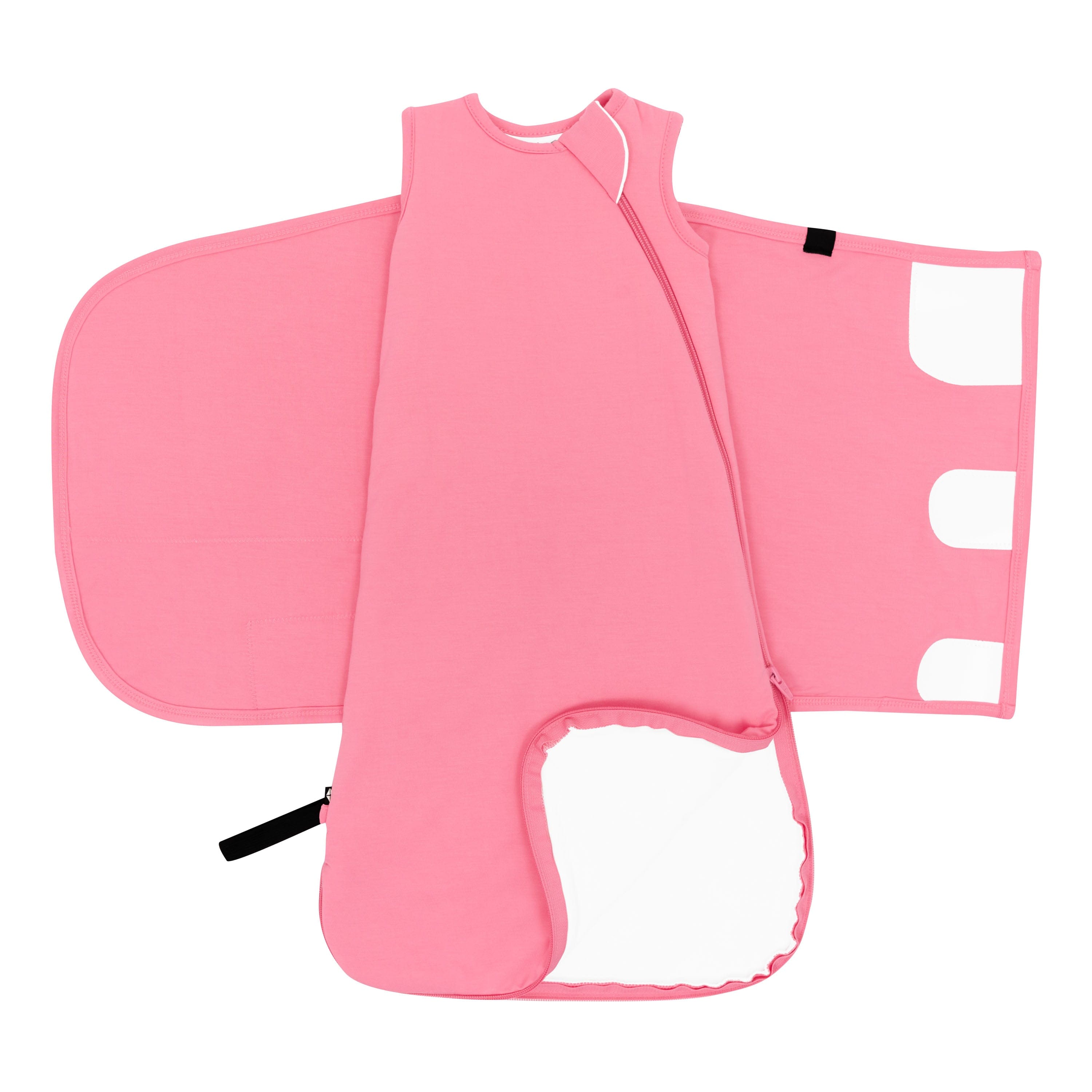 Kyte Baby Sleep Bag Swaddler in Guava shown unswaddled and dual zipper