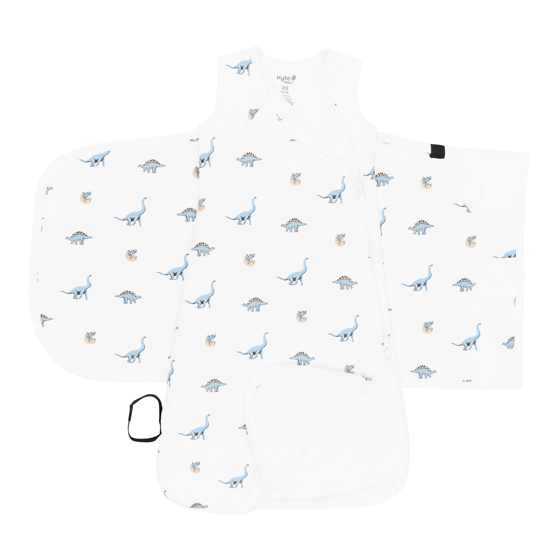 Double zipper shown on the top and bottom zipper track on an unswaddled Sleep Bag Swaddler in Jurassic 1.0